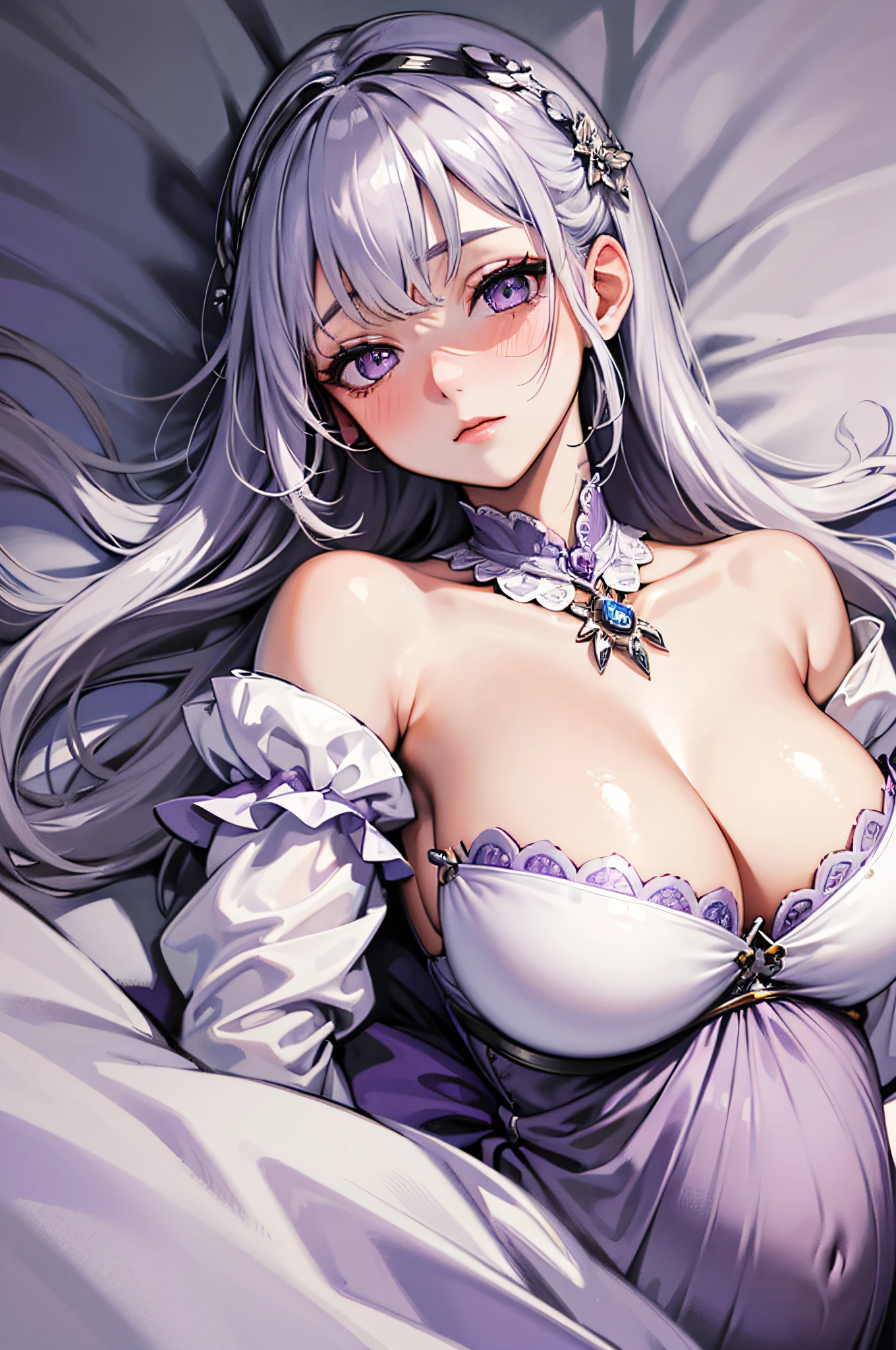 Masterpiece, Best Quality, highres, 1Girl, Solo, silver hair, purple Eyes, Upper body only, fantasy bed background, Fantasy dress Clothing, white clothes, lying on bed, large breast, pregnant, face blush