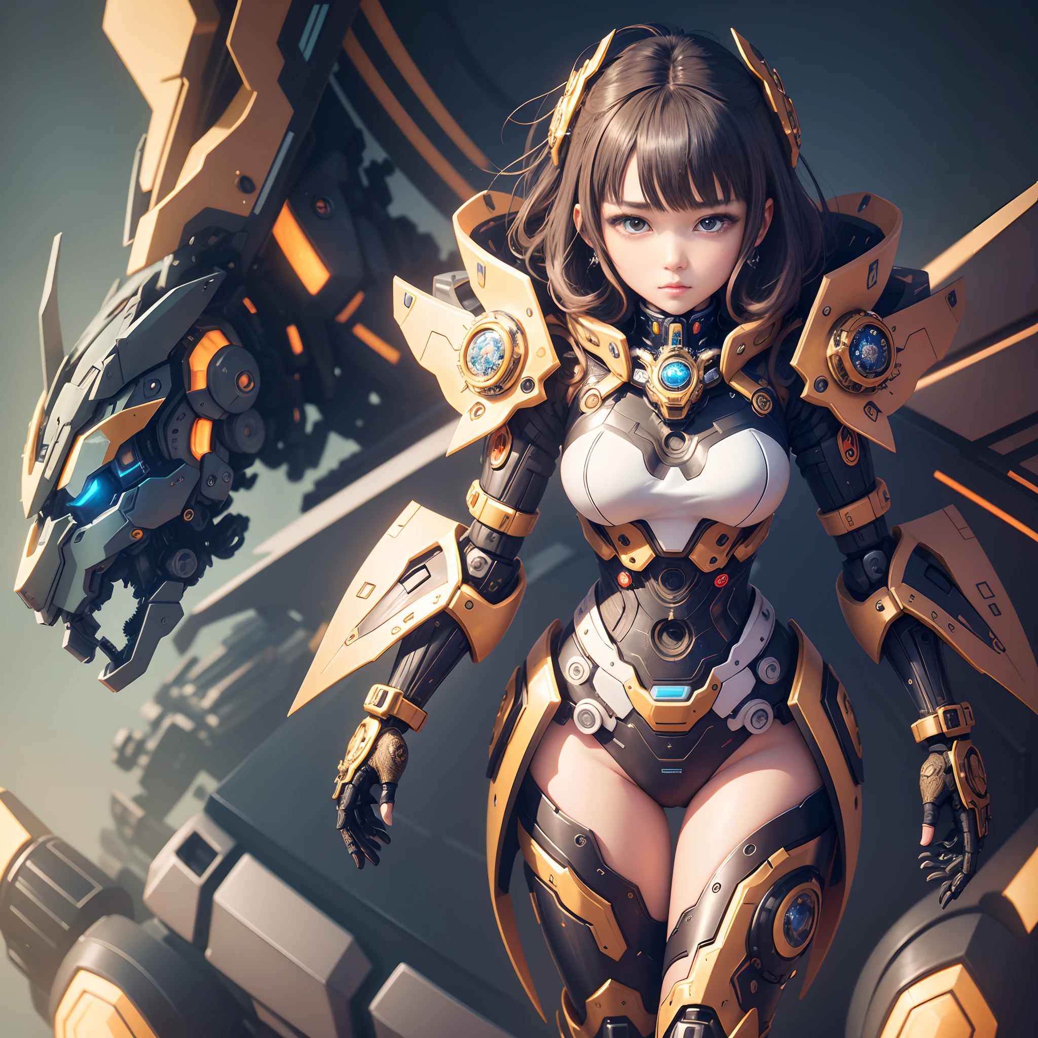 "Create a highly detailed image of a mecha girl with (((intricate details))) and the (((highest quality))). The composition should focus on the mecha girl's mechanical intricacies and her human-like features. Play with innovative designs, metal reflections, and vivid colors to give her a distinct personality. Artists related to this style: Shunya Yamashita, Yoji Shinkawa."