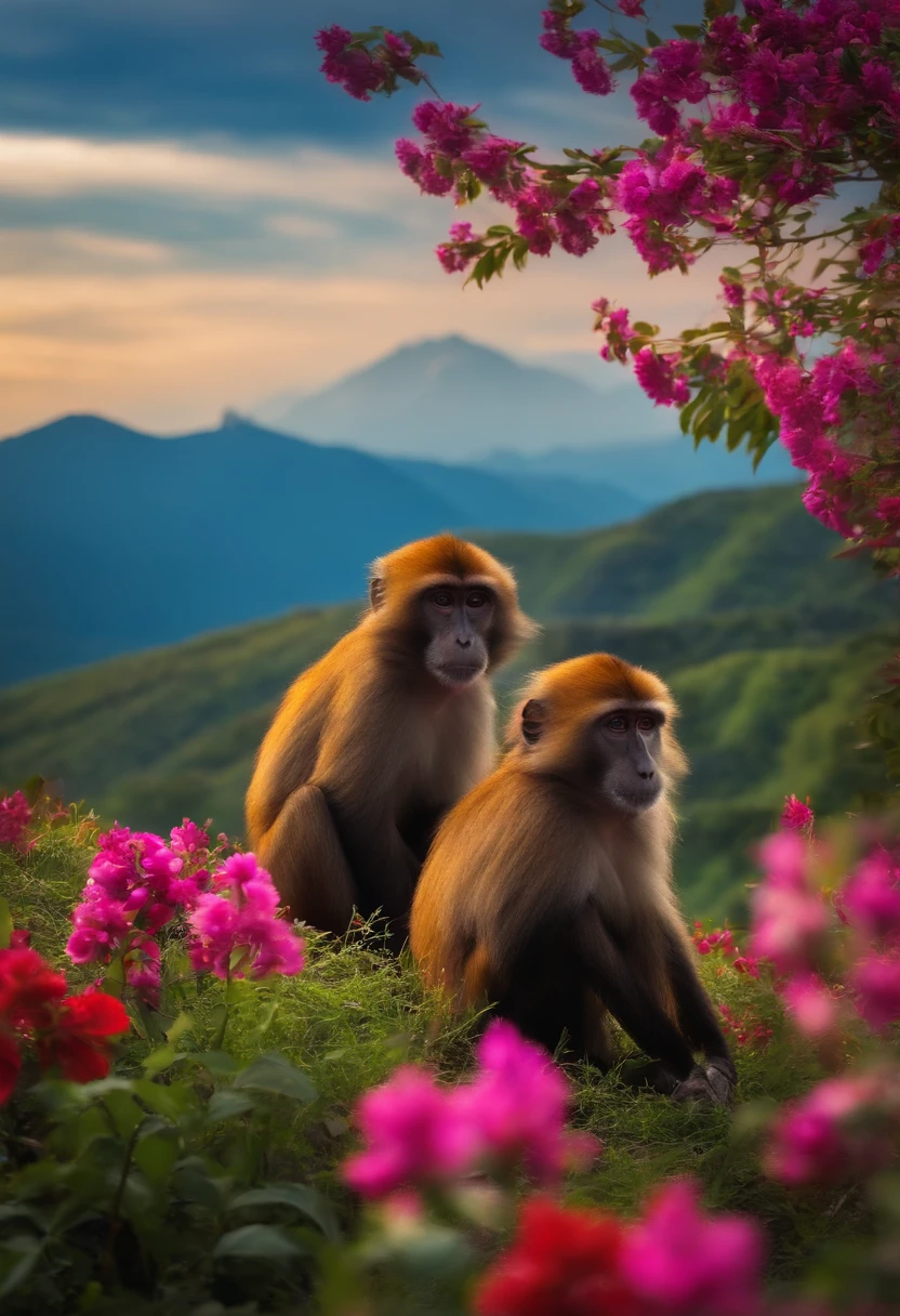In the tallest hill with mountain and flowers, two monkey laying on the hill while looking at the sky