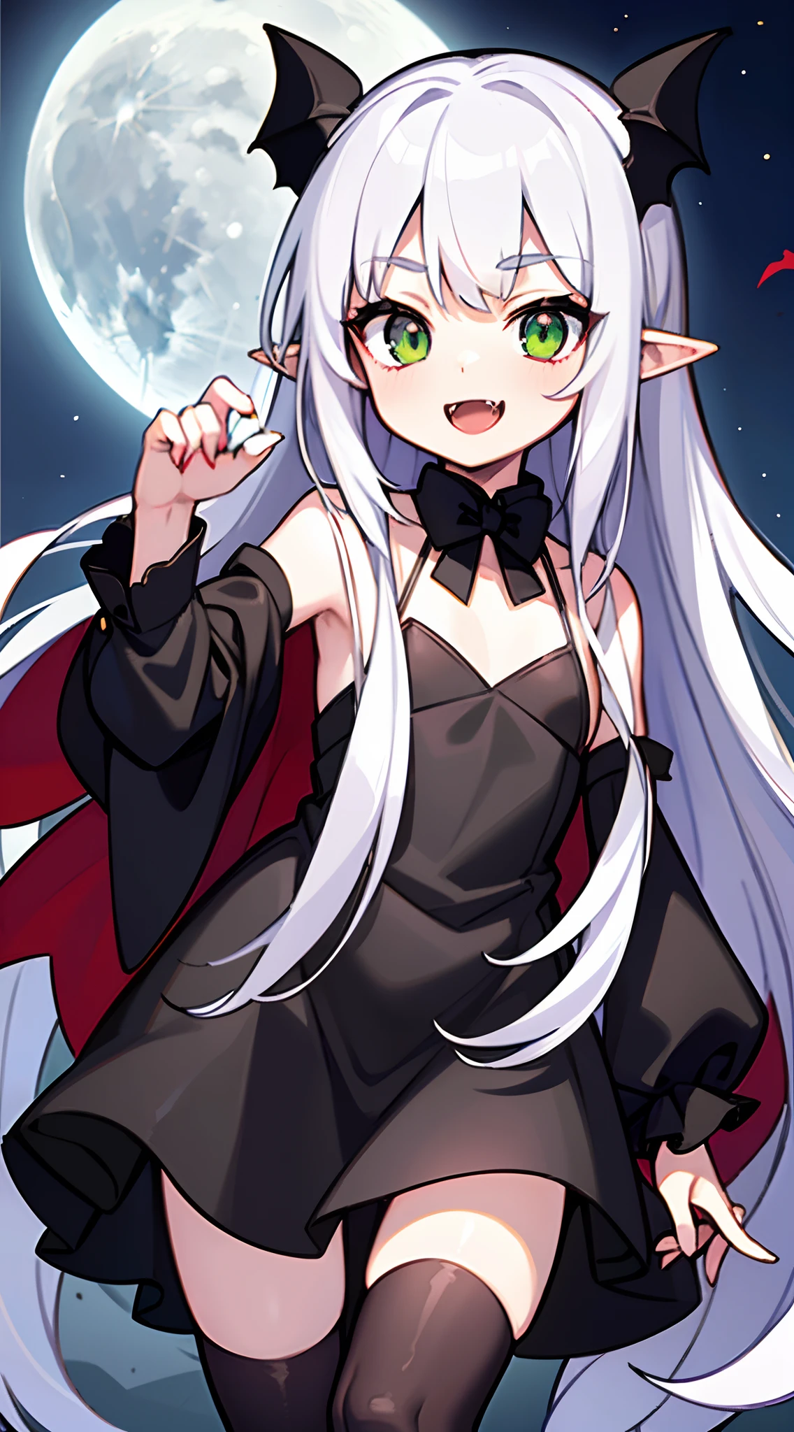masterpiece,best quality,ultra detailed,8k,solo,petit girl,8 ,flat chest,smaller female,silver hair,long hair,straight hair,green eyes,vampire,tuxedo,pale skin,pointy ears,black cloak,fangs,open mouth,bat (animal),moon,