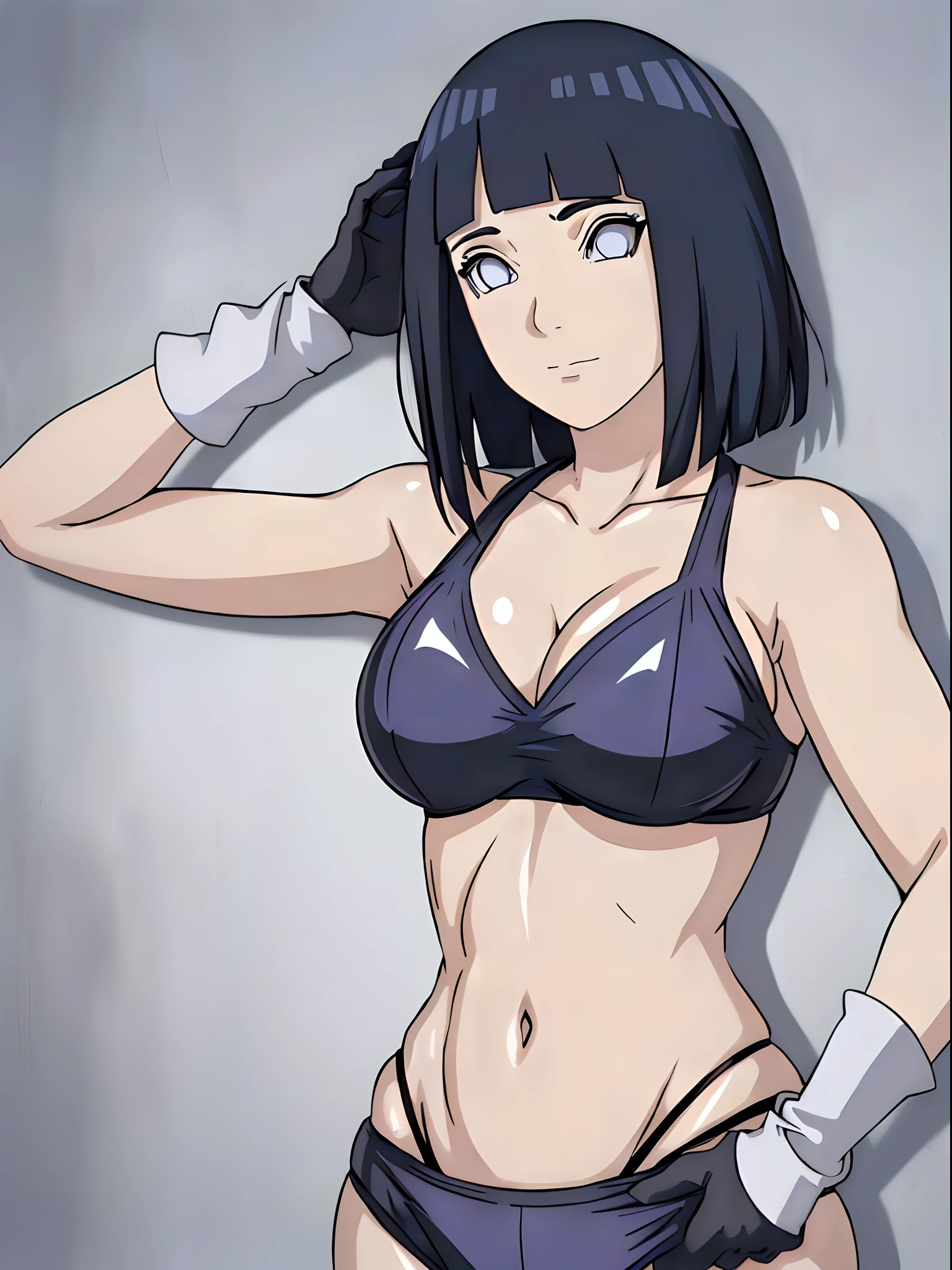 (4k, best quality, cowboy shot), (ultra detailed body, curvy), ((solo, 1 girl)), anime style, hires, ((white background)), (hinata\(boruto\), (female wrestler), (slender body, broad shoulders), (mature woman, milf), (black bikini, micro bikini, ultra detailed pro wrestling gear, long gloves), (extremely gorgeous), (seductive look, seductive face, seductive expression, smile, closed mouth), (pale skin, shiny skin, lighting and shadow), (dark blue hair color:1.1), wavy hair, ((short hair, hime cut), big breasts, ((detailed arms)), (long belly), (very seductive), (perfect eyes, white sciera, bright eyes, white eyes, anime eyes)