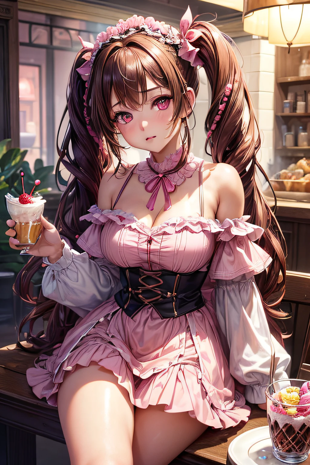 ((masterpiece, Highest quality)), High resolution, 8K, Cinematic Light, High Contrast, Written boundary depth, Strong brilliance, Detailed Background, One Girl, cute, Fine grain, Eyes sparkling, Detailed Iris, (Strawberry motif)、Beautiful breasts