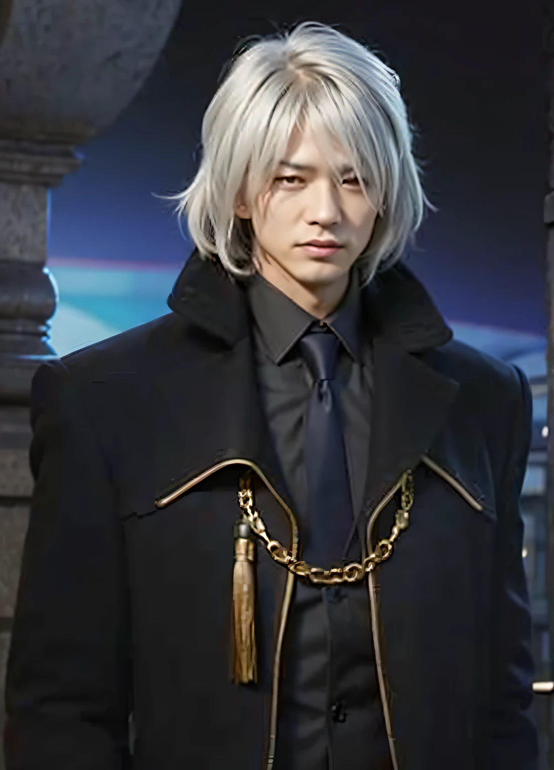 an asian man with light grey hair wearing a black long coat with a blue tie, ultra realistic, high quality, detailed face