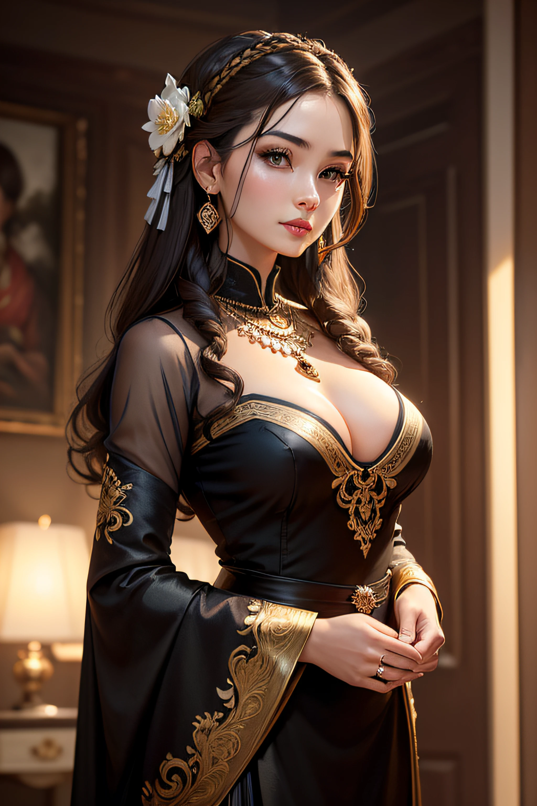 masterpiece:1.3), (8K, Photorealsitic, Raw photography, Top image quality: 1.4), photography, woman, portrait of java wedding woman in black long kebaya dress traditional, red lipstick, golden necklace, earrings, ornate, detail, flowers high school girls、(Random hairstyles:1.2)、cleavage of the breast:1.2、Super Detail Face、Eye of Detail、foco nítido:1.2、prety woman:1.4、light brown hair、top-quality、masterpiece、超A high resolution、(Photorealsitic:1.4)、Highly detailed and professional lighting smile、Loose and light knitwear