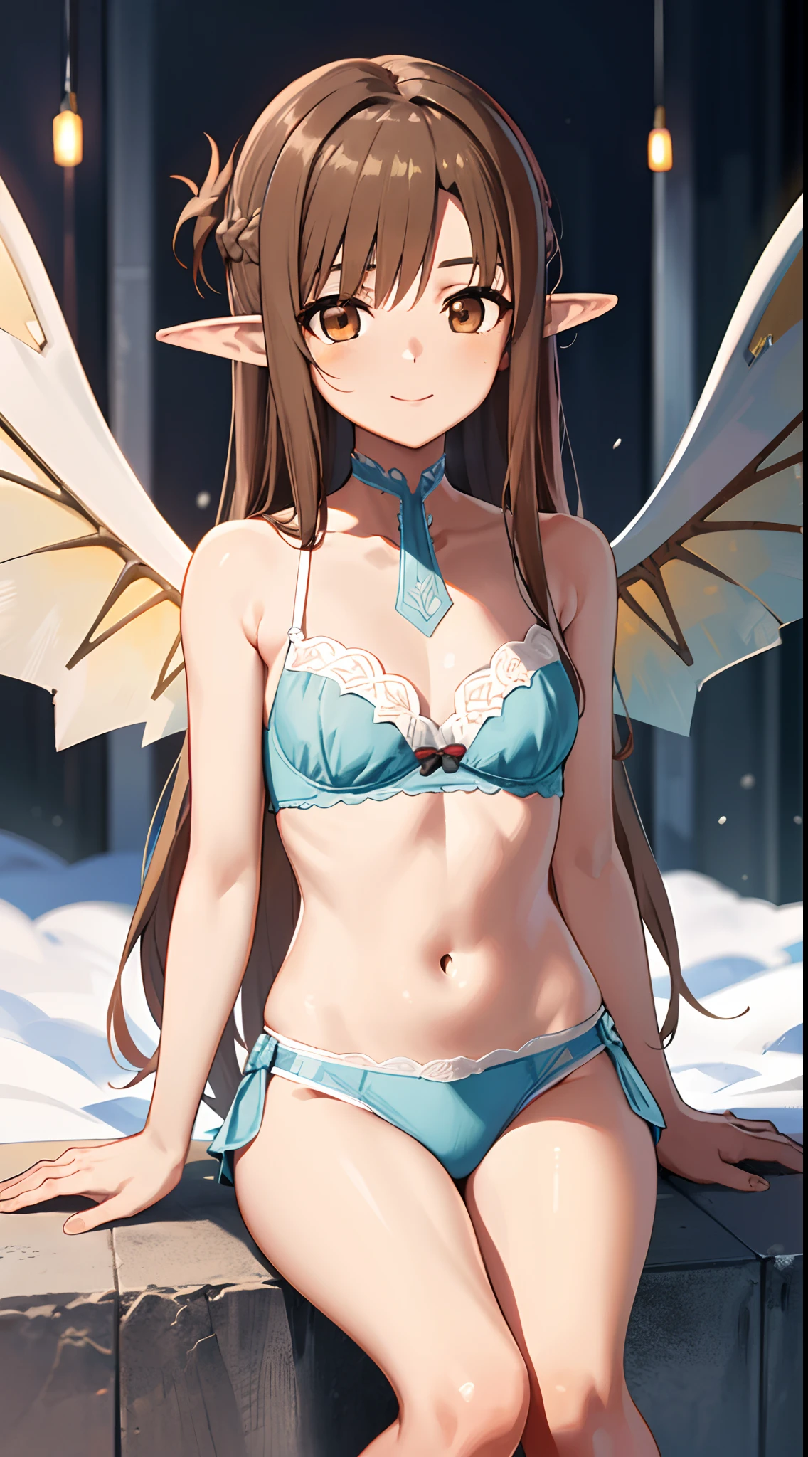 ssmile，Blush, exteriors，Whole body diagram，Sit Pose，There is only one girl，独奏，ssmile，Flushed cheeks，White clothes，and the sun was shining brightly，Sunlight on the face，lawns，light-brown long hair，White gold bra, asuna yuuki, Long hair, Light brown hair, (Brown eyes:2), Break the navel, Bare shoulders, 4 Angels with wings,Pointy ears, midriff, elf,Glowing wings， Fairy wings, looking at viewert, llight rays，Dingdall effect，Glowing skin，Snow-white skin，Bare legged，Barefoot，Break (Masterpiece:1.2), Best quality, high resolution, Unity 8k wallpaper, (illustration:0.8), (Beautiful detailed eyes:1.6), Extremely detailed face, Perfect lighting, Extremely detailed CG, (Perfect hands, Perfect anatomy)