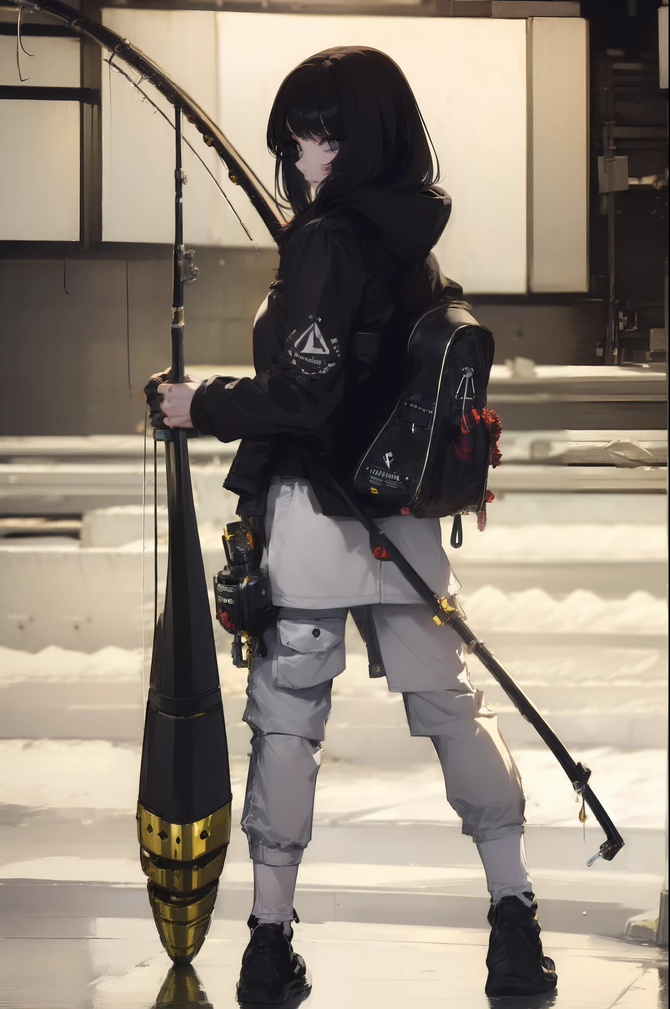 ((((Have a fishing rod with a reel:1.5)))),((Female 28 years old)),((Best Quality:1.5)),(((Fine fingers、Ratio 4 fingers and 1 thumb,detailed arms,detailed human hands))),(((Hands with the correct number and structure of fingers:1.4))),((Lakeside:1.37)),hight resolution,ultra-detailliert,masterpiece,best qualtiy,(Eight-headed body),(1 fishing rod,Holding a fishing rod in your hand,Fishing lure rod,Fishing Reels,with long sleeve hood,Outdoor Vest,parka,Long pants for fishing,Big backpack),thin and long legs,Beautiful hip line,Beautiful spine,constricted back,Toned waist,beutiful breast),,Gentle smile,shiny lip,(1 fishing rod,Straight stretch fishing rod,Long fishing rod,Woman fishing with fishing rod in hand),Black hair, long eyeslashes, Solid Circle Eyes, drop shadow, Atmospheric perspective,Super Detail, ccurate, small brest,top-quality, blurry backround, bokeh dof:1.2, (masterpiece:1.3), Atmospheric perspective,Super Detail,dynamic compositions, Ultra High Quality,