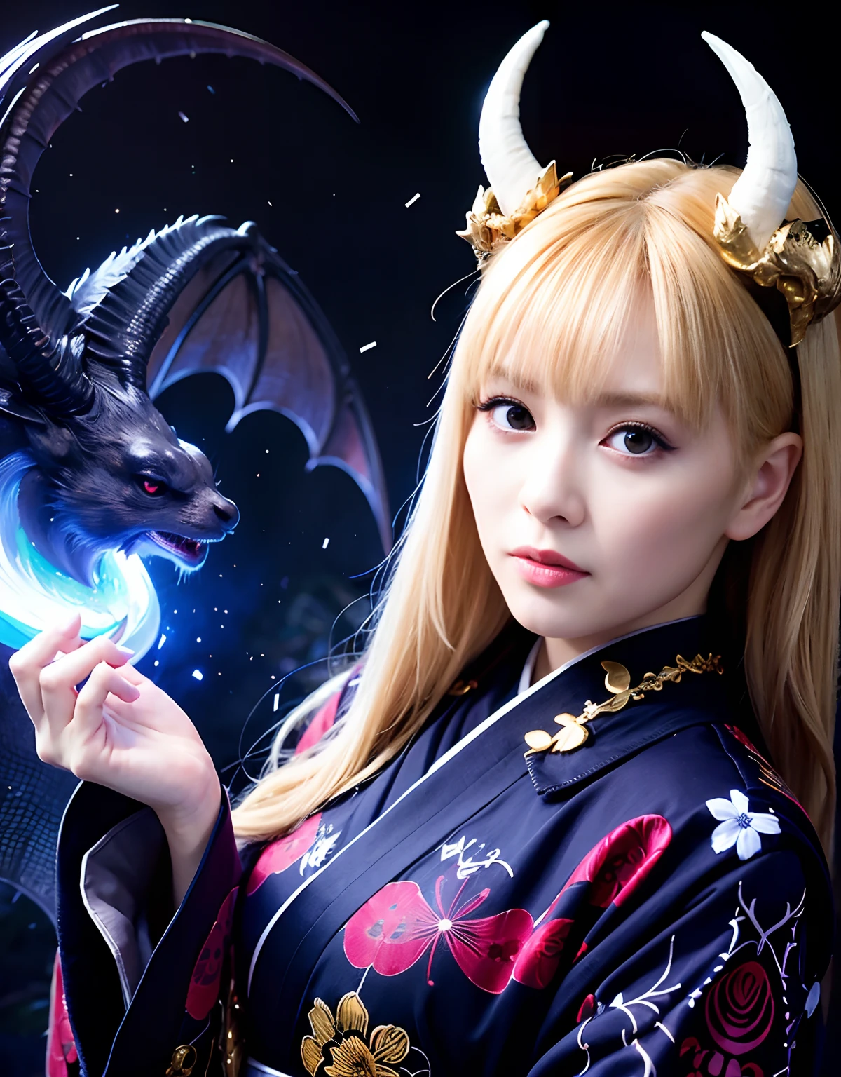 Dragon Ball Z，No.18，Girl, He is holding a sword decorated with the Japanese symbol of life., Blue flames coming out of the decoration, A dragon came out of it、A blue wind blows with a skull ghost, Perfect Judy with a face and scythe，The woman is wearing the proper red ninja outfit., The woman&#39;s hair is black, The woman is the incarnation of a vampire., Dragon on background，Hide Your Eyes(The background of the CG 8k module is very detailed) (Highest quality), (Best illustrations), (Best shade), Very detailed t--v6