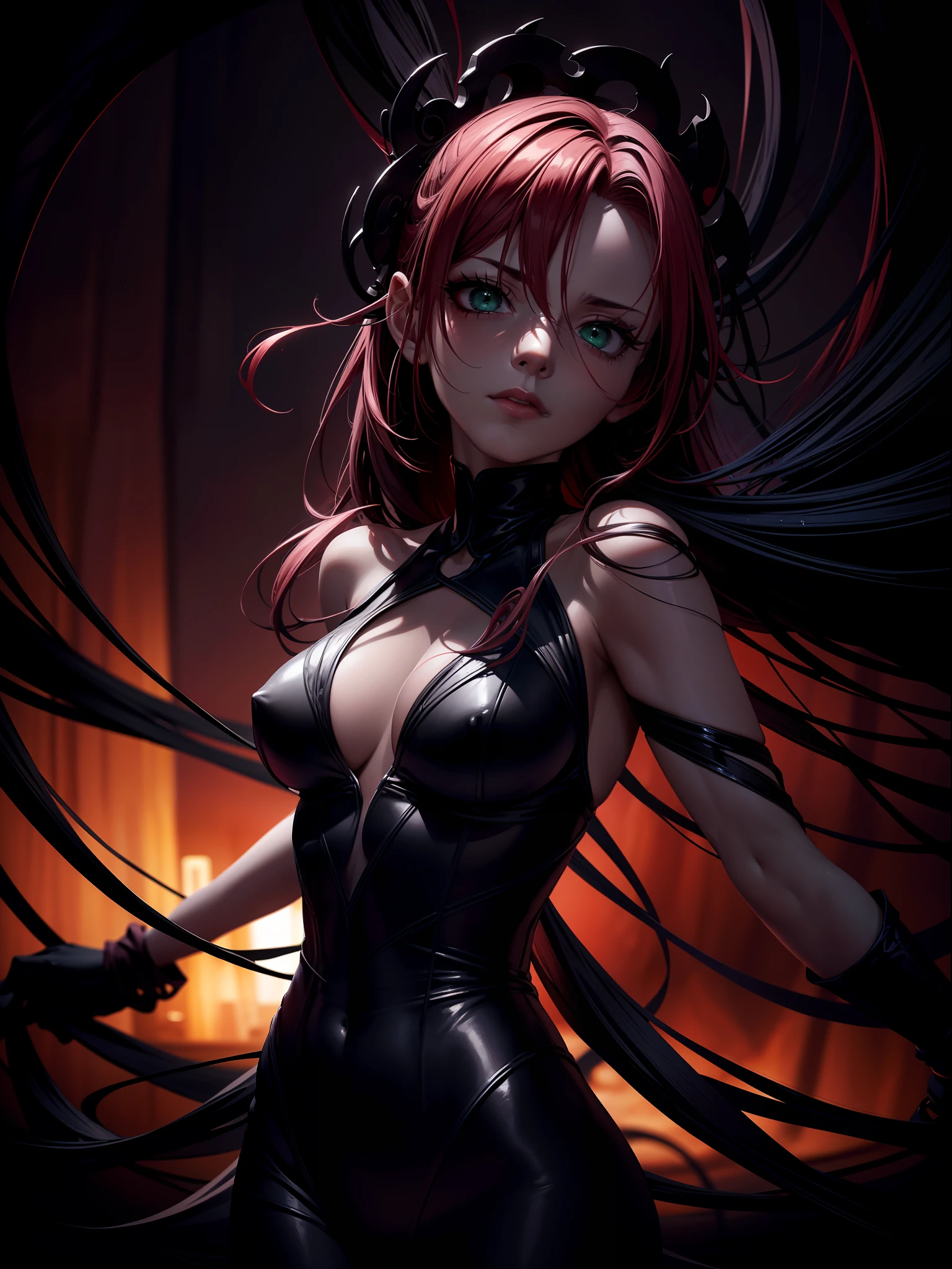 Photograph of a twisted silhouette against a sinister crimson sky, surrounded by swirling tendrils of darkness. The subject, a contorted figure, exudes an ethereal energy, with piercing eyes glowing with an ominous green light. The amalgamation of shadows and highlights creates an unsettling chiaroscuro effect, emphasizing the subject's malevolence. masterpiece, high details, best quality, HD, realism.