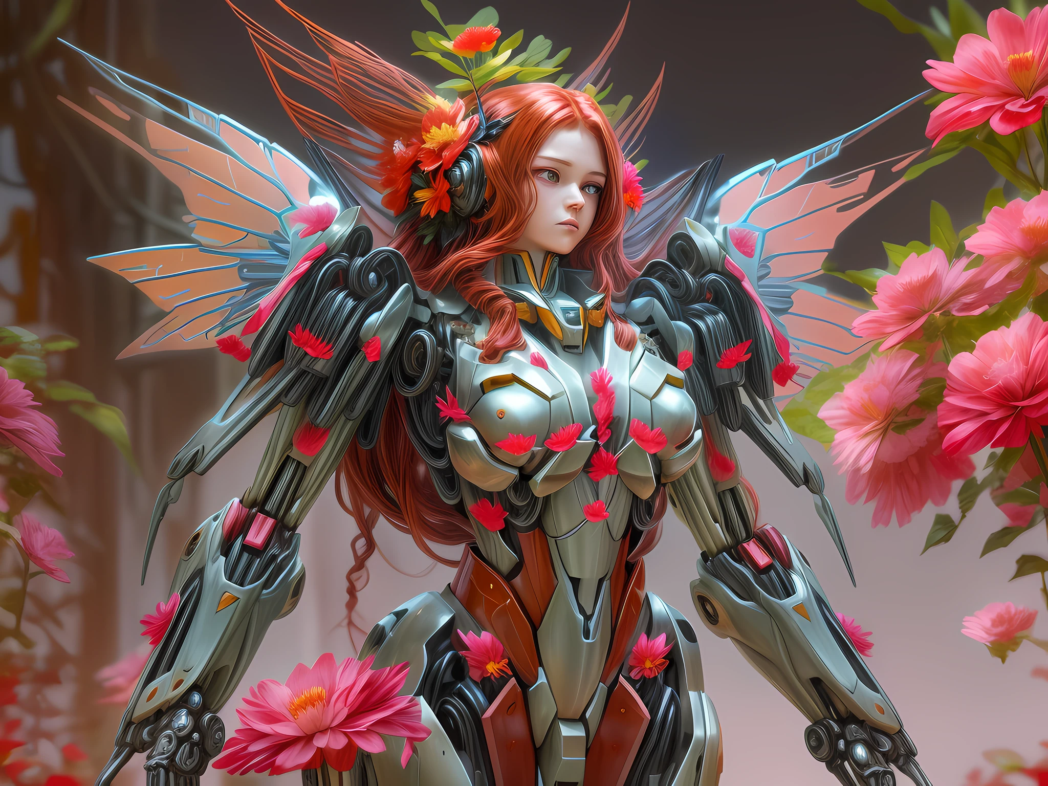 a picture of a female mecha fairy standing near a flower full body, an exquisite beautiful (ultra detailed, Masterpiece, best quality) female mecha fairy, dynamic angle (best detailed, Masterpiece, best quality), best detailed face, ultra feminine, red hair, long hair, braided hair, dynamic eyes color, fairy_wings spread bright colors (mechanical fairyl wings: 1.2), (wearing mecha clothes: 1.4),  standing near a (red flower: 1.3) , day light, sun rising,  high details, fantasy art, RPG art best quality, 16k, [ultra detailed], masterpiece, best quality, (ultra detailed), full body, ultra wide shot, photorealistic, mecha musume