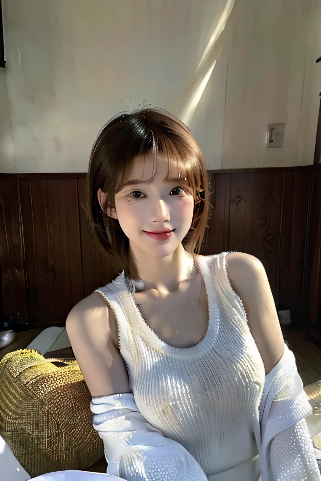 (tmasterpiece:1.3), (8K, Photorealsitic, RAW photography, Top image quality: 1.4), Japan high school girls、(random hair style:1.2)、nedium breasts:1.2、Super detail face、Eye of detail、二重まぶた、Bring your chest together、foco nítido:1.2、Beautiful woman:1.4、Light brown hair、top-quality、tmasterpiece、超A high resolution、(Photorealsitic:1.4)、Highly detailed and professionally illuminated smile、Loose and lightweight knitwear、shoulders out、Slender、serious face expression、short detailed hair、Fatal position,Four rooms in different locations