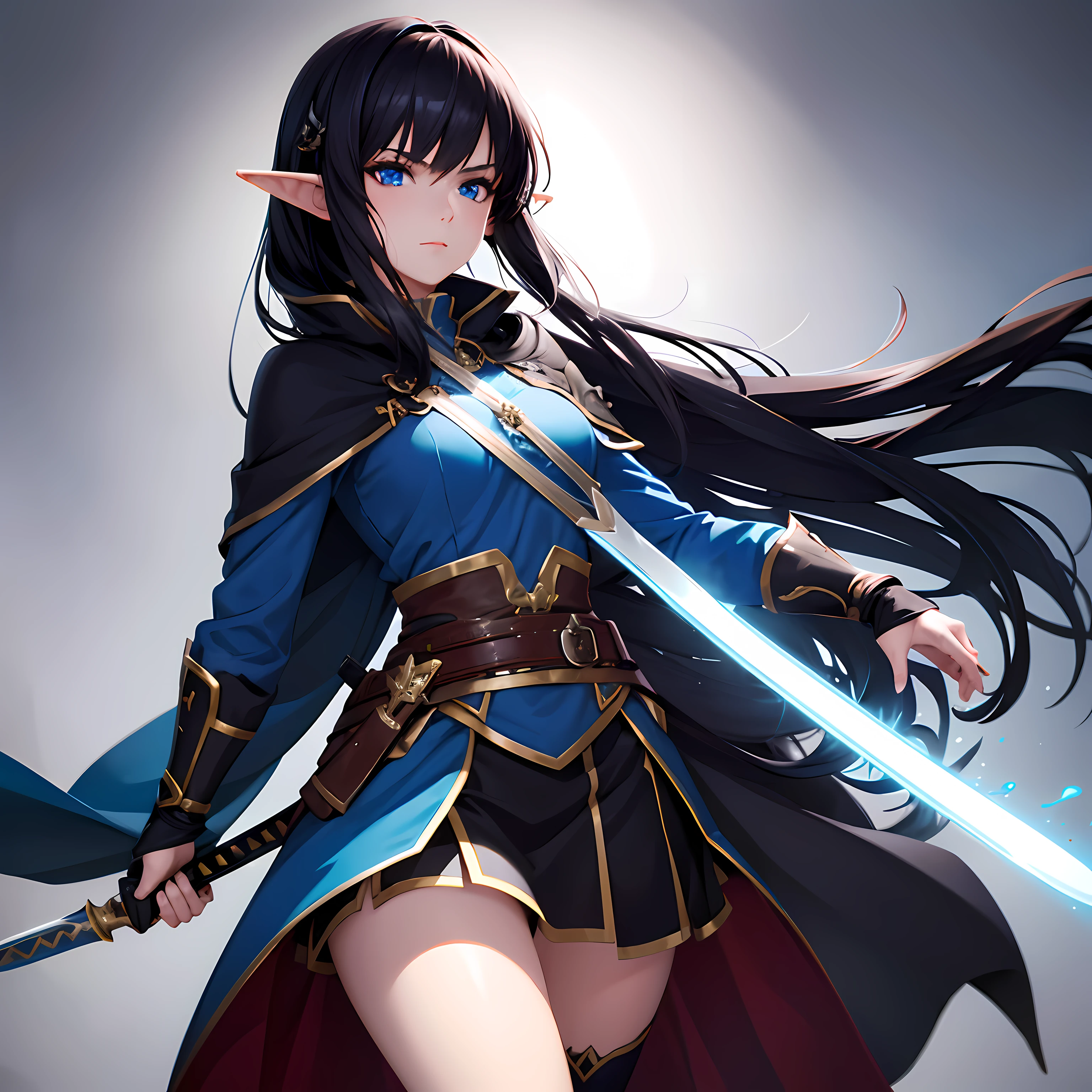 1 girl, elf , black hair ,blue eyes, sword master, anime , charming, beautiful ,4k ,8k ,royal background, bright
