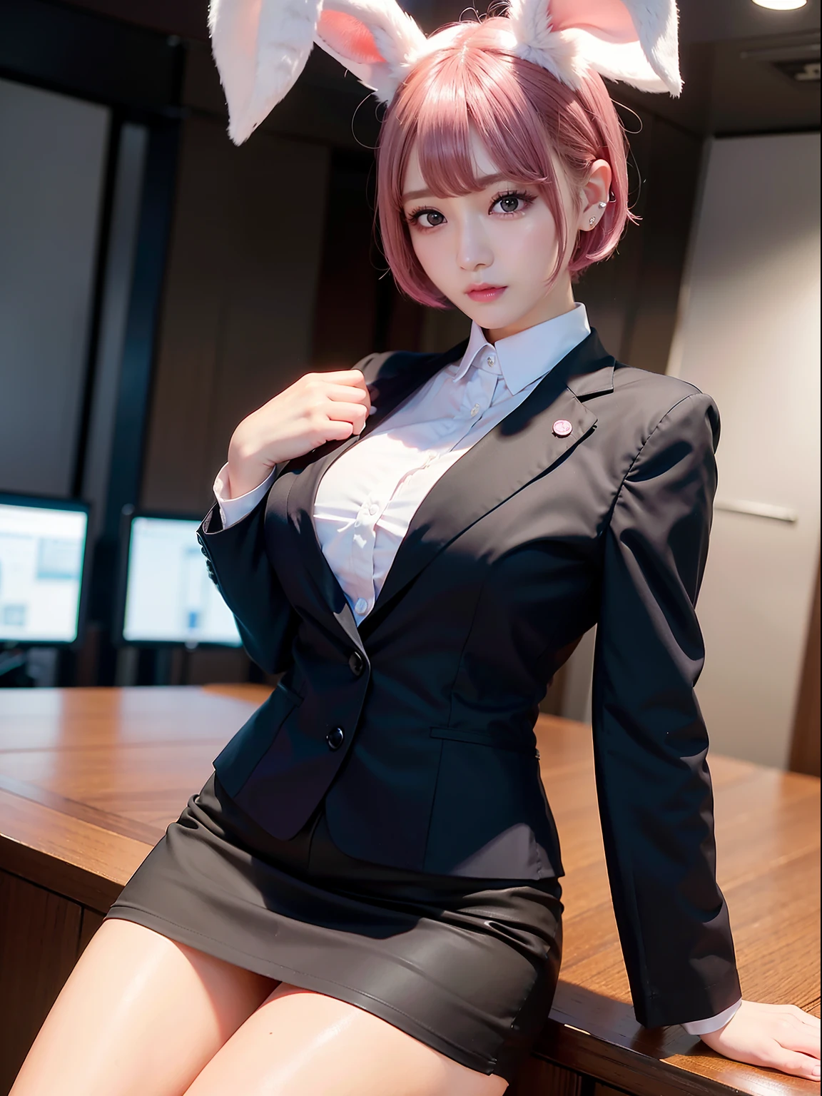 24 years old, pink hair, sexy lawyer, elegant business dress, black blazer, white dress shirt, tight skirt, reading on her desk, in the library, busty, perfect hands Perfect fingers Perfect breasts Perfect body Perfect face Perfect image Realism Detailed background Detailed clothing Miniature bikini, shirt unbuttoned, obscene librarian, surrealism, realism, Unreal Engine, 3dcg, octane rendering, 8k maximum resolution highly detailed, sweater skirt, professional, Breasts are about to burst out of clothes, (mouth open), ((tiny micro bikinis and black silk transparent extreme miniature thong with black pantyhose)), ((knee bent leg sitting)))