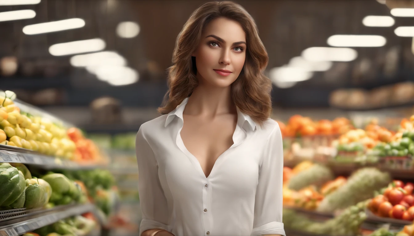1girl, (at supermarket:1.2), ((white shirt:1.2)), RAW photo, (photorealistic:1.37, realistic), highly detailed CG unified 8K wallpapers, looking at viewer, (((straight from front))), (HQ skin:1.8, shiny skin), 8k uhd, dslr, soft lighting, high quality, film grain, Fujifilm XT3, ((upper body:1.6)), (professional lighting:1.6)