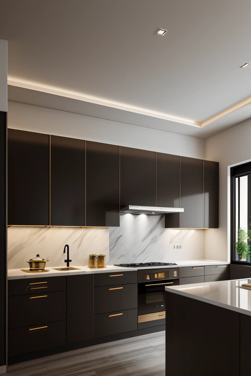 Ultra photo realsisim,tmasterpiece,best qualtiy,ultra - detailed,超高分辨率,RAW photogr,8K, Light gray、Large modern kitchen in brown and white,Large kitchen cabinets,Charming lighting style,Light gold and light black,Li Shuxing,A fusion of tradition and modernity,Soft atmospheric light,Hard-edged lines,Stone opaque resin panel,Black refrigerator, tmasterpiece,Ultra photo realsisim,32K,extremely detailed CG unity 8k wal,best qualtiy