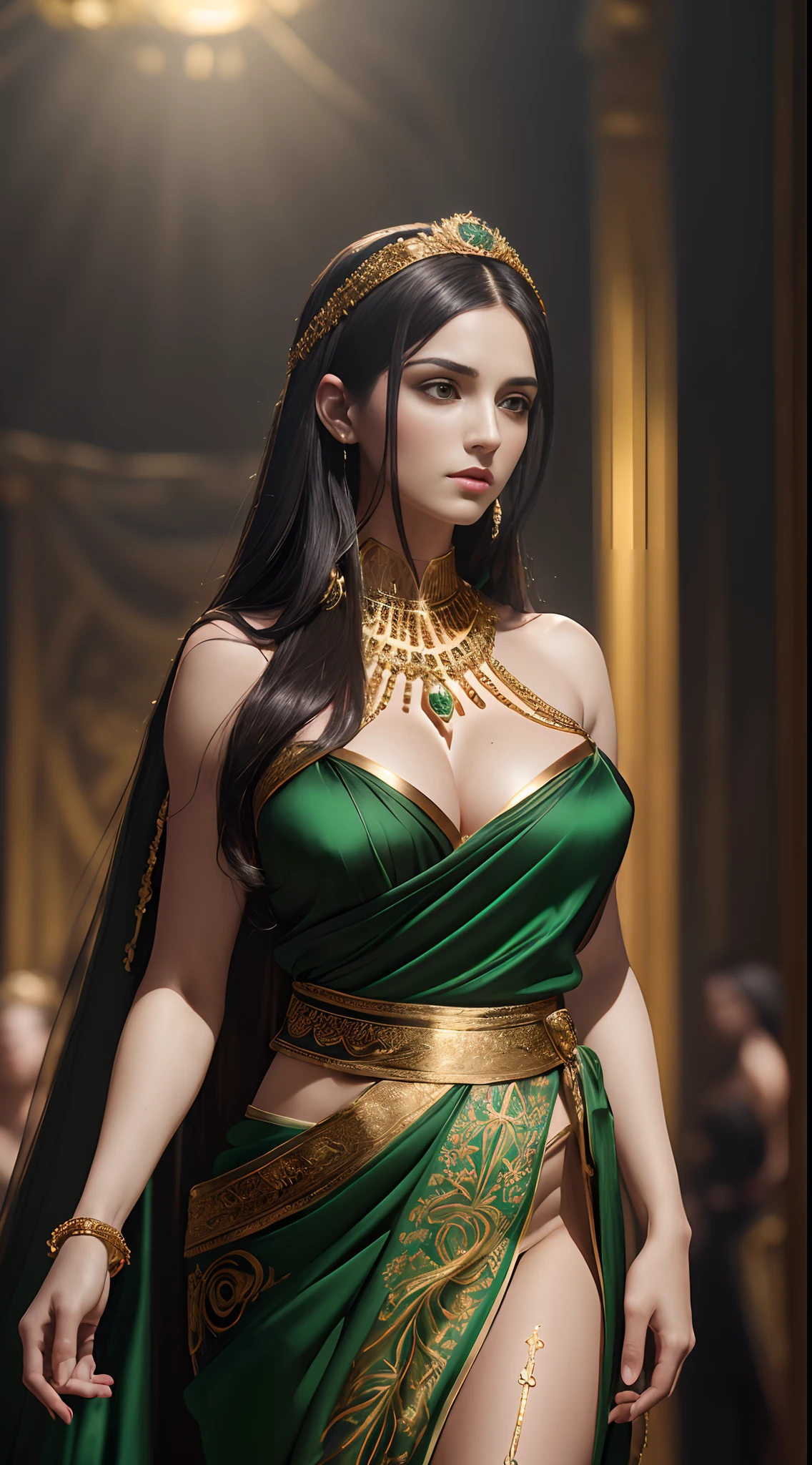 Photorealistic Production, (A beautiful 25 years old female Model:1.4), (Half Body Shot), (Long black hair), (Wearing Green colored Revealing Greek Maiden Outfit with Flowing Silk Cloth and Detailed Golden Jeweleries:1.4), (fashion show stage with audiences on the background:1.4), (centered, view from front:1.4), (pale skin:1.2), (busty cup size:1.2), (Athletic Body Builds:1.2), (detailed shiny skin), (serious face), (Catwalk Pose), Intricate Face Detail, Intricate Hand Details, (Chiaroscuro Lighting:1.4), Cinematic Shot and Lighting, Realistic Colors, Masterpiece, Sharp Focus, Ultra Detailed, Ultrarealistic Photography, (Canon EF F/1.2L 100mm Lens), Depth of Field, Incredibly Realistic Environment and Scene, Master Composition and Cinematography