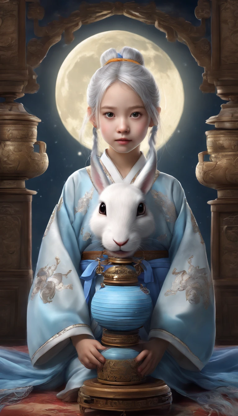 cute female child,1girll,White hair,Blue Hanfu,Rabbit,Moon cake,lantern,
