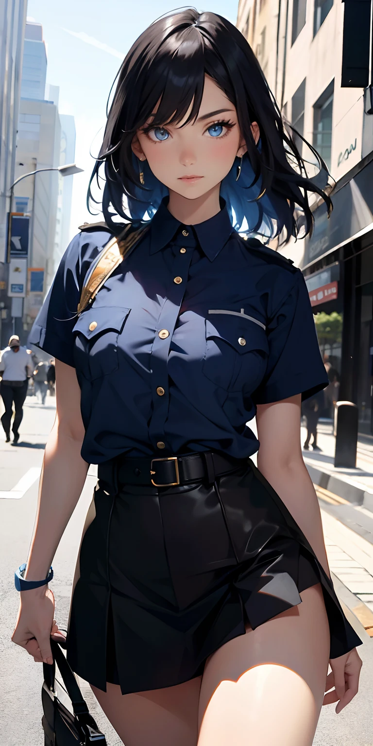 Absurd resolution, A high resolution, (tmasterpiece:1.4), ultra - detailed, 1girll,blue color eyes, cabelos preto e longos,Wear a police uniform and a short skirt, the city street,sexyposture, The camera is close to the body