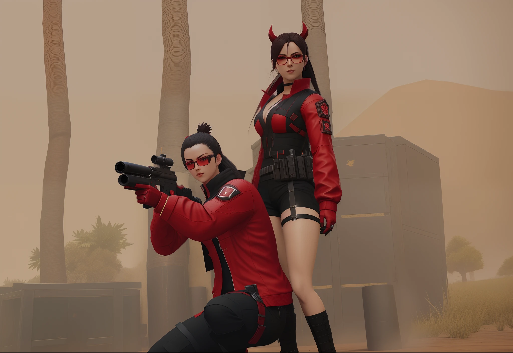 there are two people dressed in red and black posing for a picture, badass pose, tactical team in hell, <mmorpgs scene, in game, ingame image, wearing red tainted glasses, medium shot of two characters, posing for a fight intricate, in-game, in - game, shooting pose, combat scene, combat pose, as a character in tekken