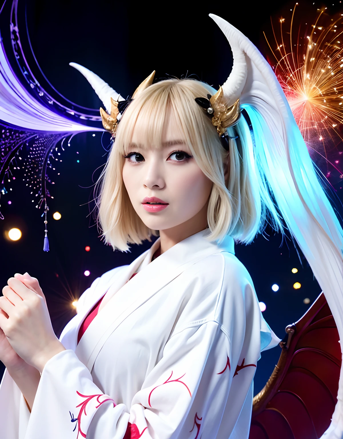 ((White ghost flies)),Professional , ​masterpiece、top-quality、photos realistic , depth of fields 、（Various poses）、(Background of cherry blossoms in full bloom),（Ultimate Beauty）、（A dark-haired）、（Fight ninjas)、（Kimono with scary pattern）、（Night background）、（（Devil's Wings Grow））,(Wear a kimono with a horror pattern),（Wearing a beautiful kimono with colorful scary patterns）、Jewel Gold Weapon、Particles of light),（Has a devil's mask）、Gorgeous gold weapons ,Skeleton population、（（ Gorgeous Dragon Sword）） , （a dark night）,,（White ghost flies） 、（（Black Haired Beautiful Girl））、（Castle background）、（demonic wings）、（（Gangle's forest background））、Beautiful Caucasian beauty、１a person、dynamic ungle,(((Two devil's horns on the head)))、Smaller head、Idle Smile、Thin and beautiful female hands、Mystical expression、Light Effects、intense fighting、Wind-effect、magic circles、With the legendary magic wand、Dragon's tail、