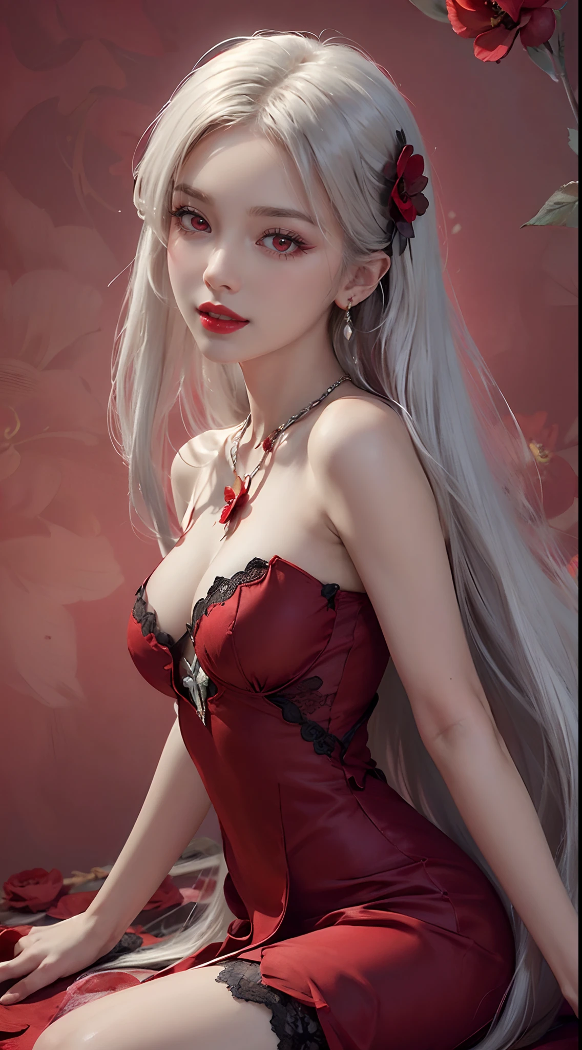 1 beautiful and sexy 20 year old girl, ((wearing a super thin red dress:1.8)), dress with diamonds, ((long platinum hair:1.6)), bangs, elaborate jewelry made from gemstones and beautiful hair, ( ( wearing a black lace necklace:1.4))), noble, noble style of an extremely beautiful girl, super cute little face, very pretty face , sparse eyebrows, beautiful, flawless face, ((black eye pupils: 0.8))), very pleasing to the eyes, ((light red eyes: 1.5)), beautiful makeup and hair, fur detailed eyelashes, wet eye makeup, high nose, earrings, red lips, ((closed mouth: 1;5 )) beautiful lips, slim hands, most beautiful thighs, ((arms spread to the sides: 1.5) ), rosy face, clean face, flawless beautiful face, smooth white skin, (big breasts: 1.5)), ((high breasts: 1.6) ), firm breasts, beautiful cleavage, (((big and super round : 1.8 ))), ((super tight breasts: 1.7)) , beautiful breasts, ((bust puffed out: 0.8)), ((shoulders stretched out to the sides: 1.5)), thin black fishnet stockings with cut black lace, 8k photo, ultra high quality, hyper realistic, super 10x pixels, optical research, light studio, edge lighting, dual tone lighting, (high detail skin:1.2), ultra 8k, lighting soft, high quality, volumetric lighting, optical geometry, high resolution optics, lighting, best shot, 4k, 8k quality, blur effect, smooth focus, 10 x pixels, ((red flower background:1.7)), aurora, lightning, Surreal graphics, most realistic mapping, alone, solo, extremely sharp image, surreal, girl's upper body, ( ((frontal portrait:1.4)))."