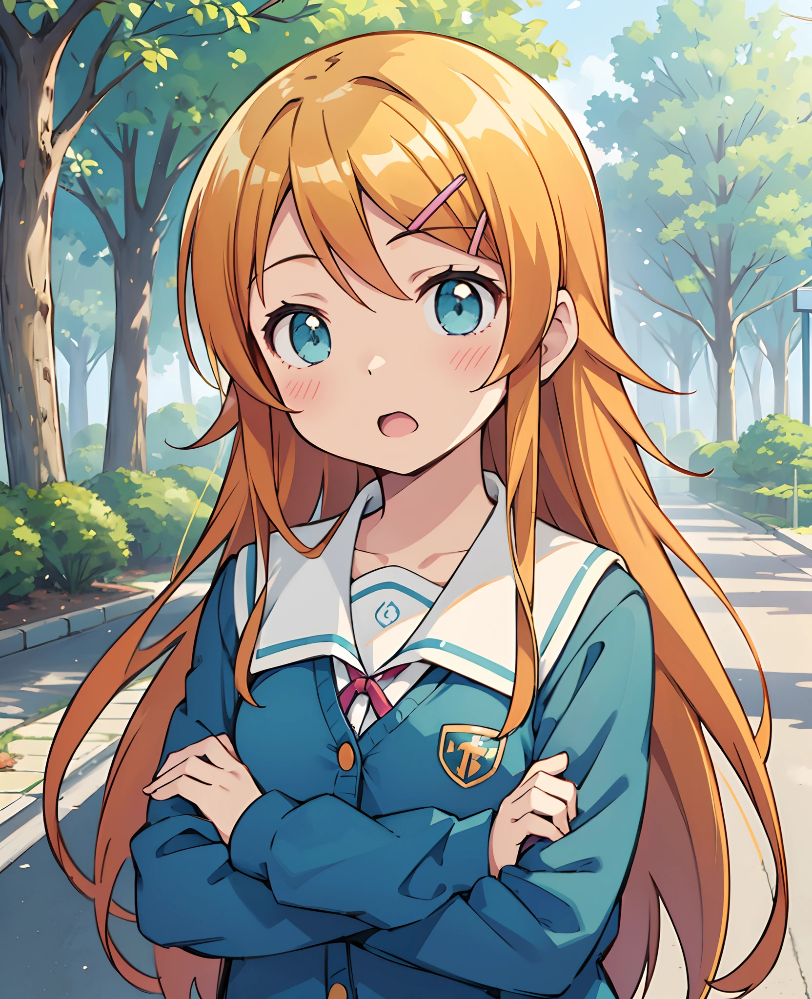 kousaka kirino, 
1girl, solo, long hair, blush, open mouth, blue eyes, blonde hair, brown hair, hair ornament, school uniform, upper body, outdoors, day, hairclip, orange hair, aqua eyes, tree, nature, 8k, masterpiece, absurdres, anime,