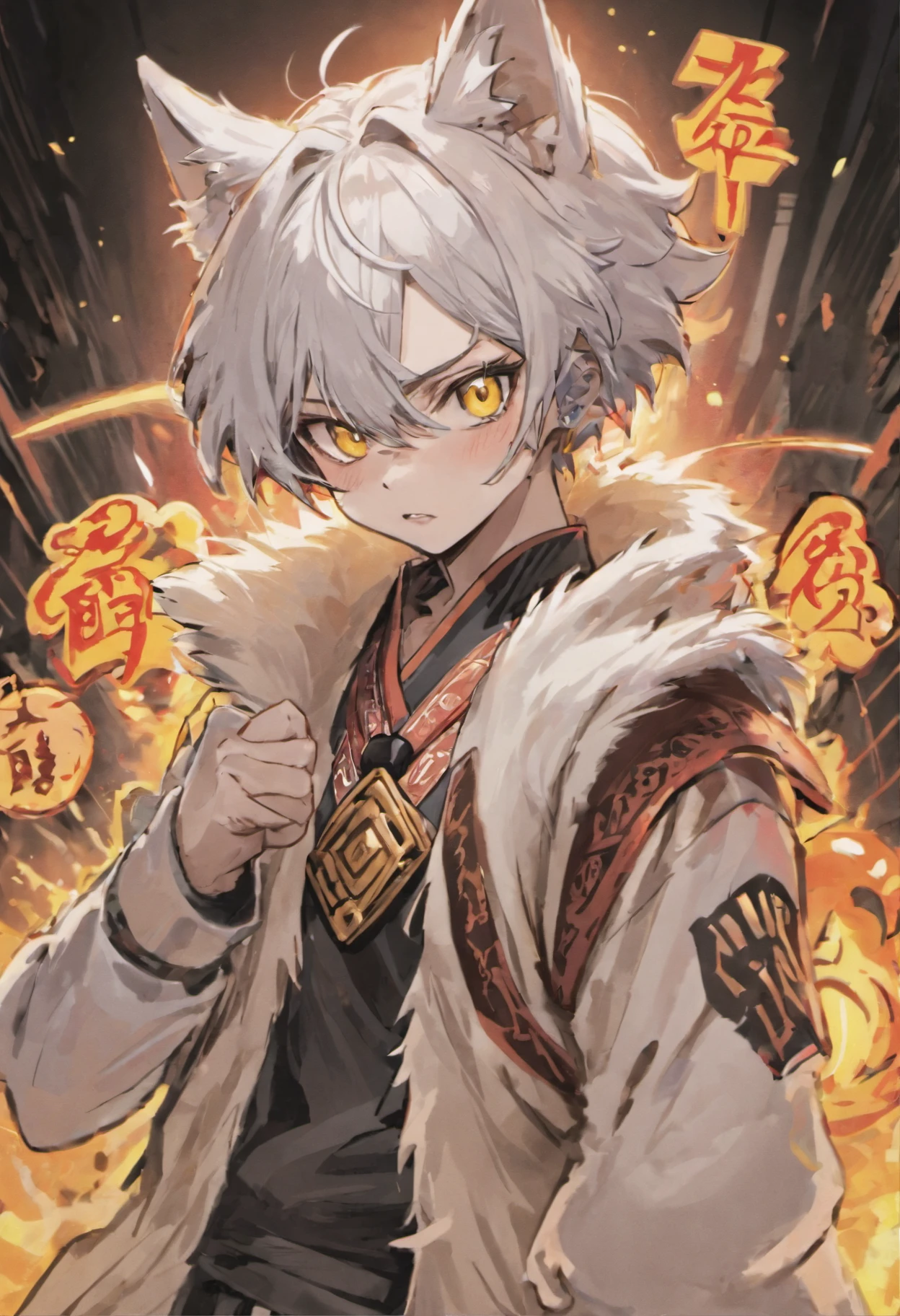 a cool,bad face,badness,male teen,With silver hair,Dog ears grow from the head,Tun-tsun hair,Wolfcut,dishevled hair,White attire,Decorative collar,tusk,yellow eyes,sharp big eyes,Rampaging figure,battleing,Dog tail,furred,nails are long,Muscular masterpieces、Disheveled clothes,top-quality、(illustratio)、boyish、(White hair)、(Fur and white clothes)、Background of Japan Shrine