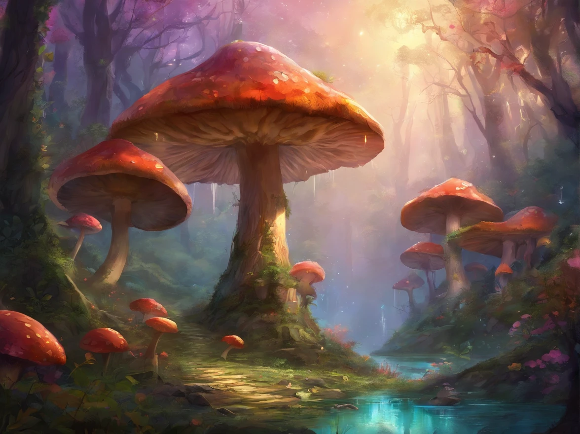 large mushrooms，cogumelo trippy，Mushroom forest，Fantastic effect，themoon，in the rain，Rainforest woods，a plant，(Masterpiece, Best quality), Intricate details, 8K, art  stations, Sharp focus,,