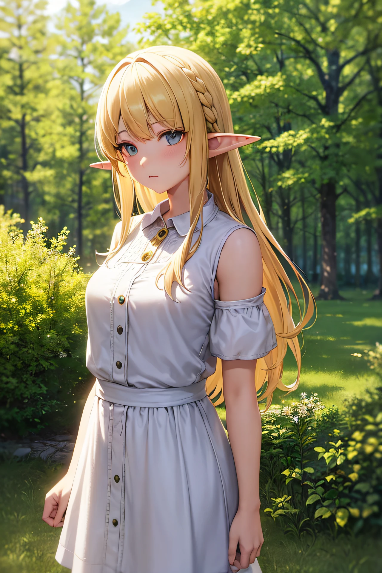 elf, portrait, white eyes, yellow hair, cute hairstyle, forrest clothes, hdr, uhd, masterpiece, unreal engine, photorealistic, epic cinematic, perfect