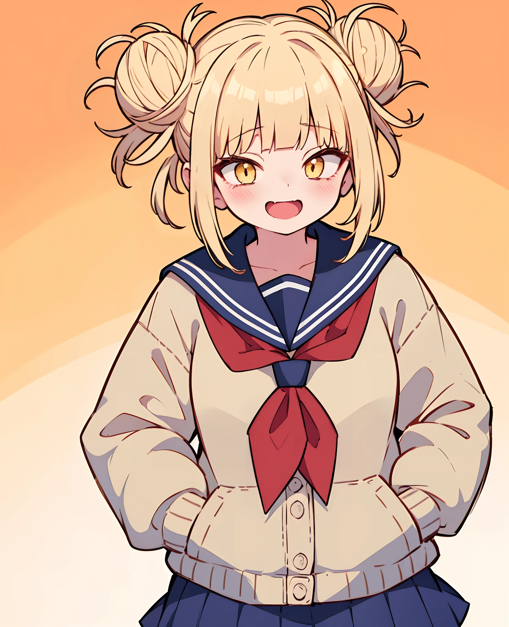 himikotoganova, (1girl, solo), (perfect eyes), blonde hair, double bun, messy hair, bangs, yellow eyes, serafuku, bags under eyes, smile, open mouth, blue skirt, long sleeves, looking at viewer, hands in pockets, red neckerchief,