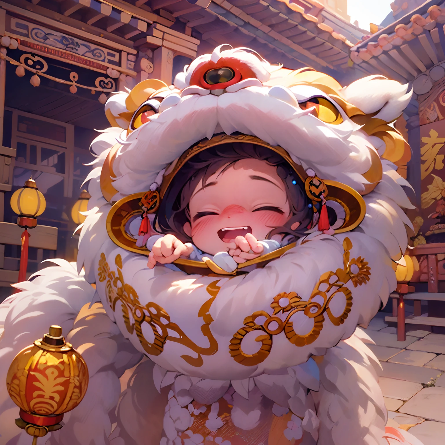 Q version，Cartoony，Ultra photo realsisim，Hyper-detailing，China-style，Lion dance **** girl，Q version，Cartoony，highly detailed surreal vfx，Smudge，Faraway view，super-fine，ultra - detailed，high qulity，8K ，oc rendered，dynamic viewing angle