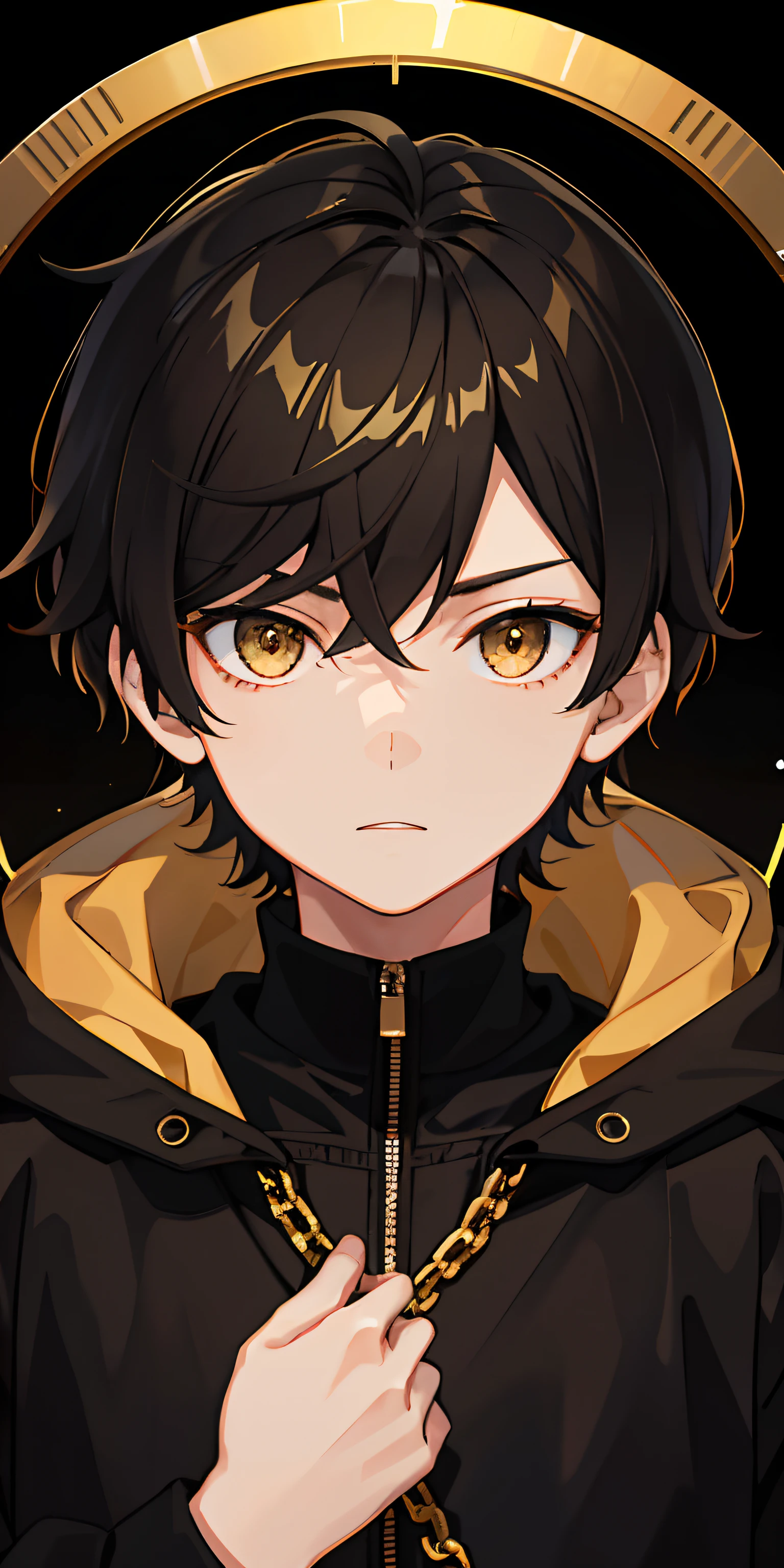 1boys，Dark brown gradient anime short hair，Black-gold gradient eyes，Black-brown sweatshirt，White hood，Huge sun wheel，A focused expression，A desert，tmasterpiece