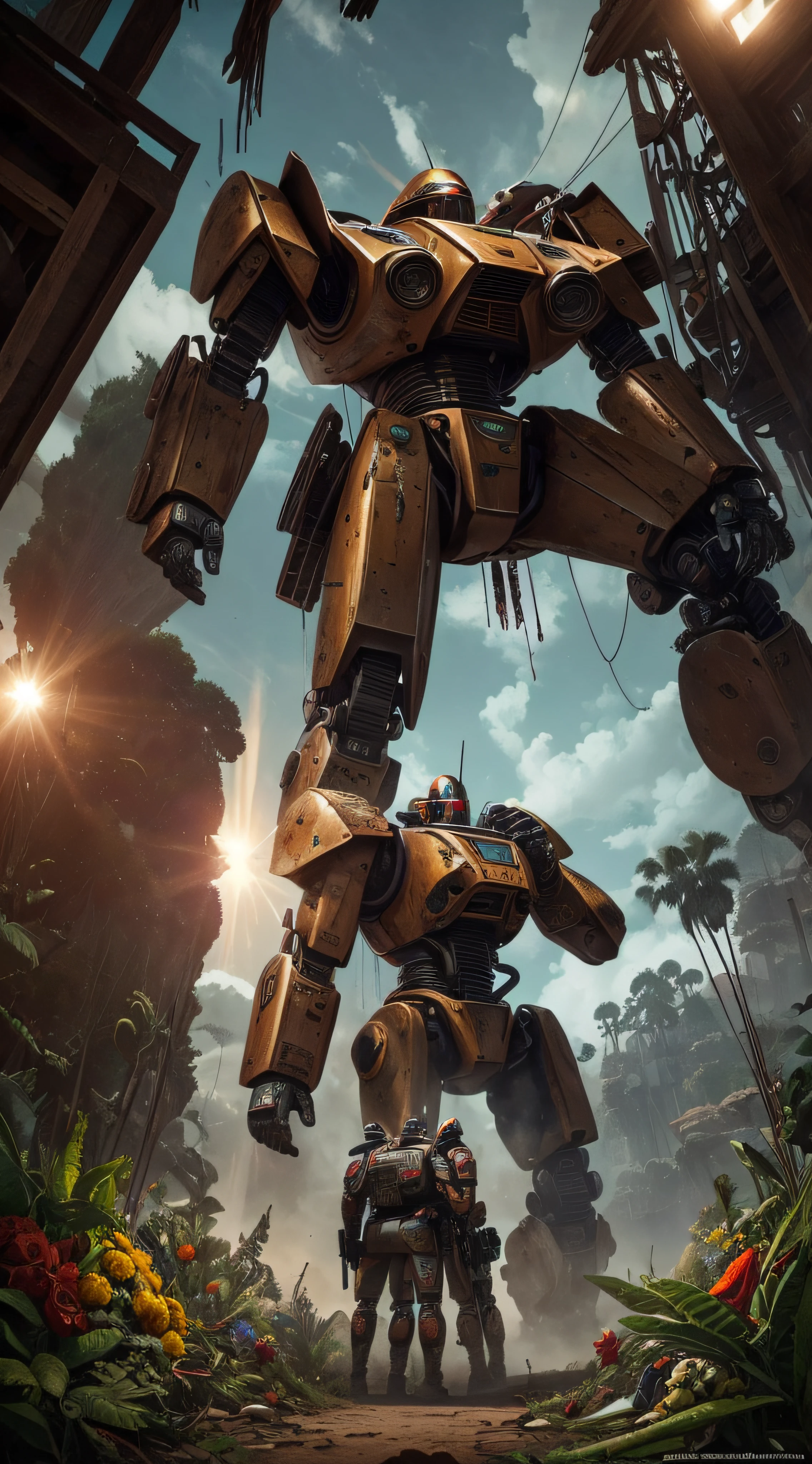 (extremadamente detallado, obra maestra, La mejor calidad, foto antigua, principios de siglo, VHS Aesthetics) Great retro robot with blood in robotic hands. cannons on his back. motosierras. In the middle of a strange jungle. Vegetables from another dimension. Epic flowers far away, organic trees with meat. Light Volumetric