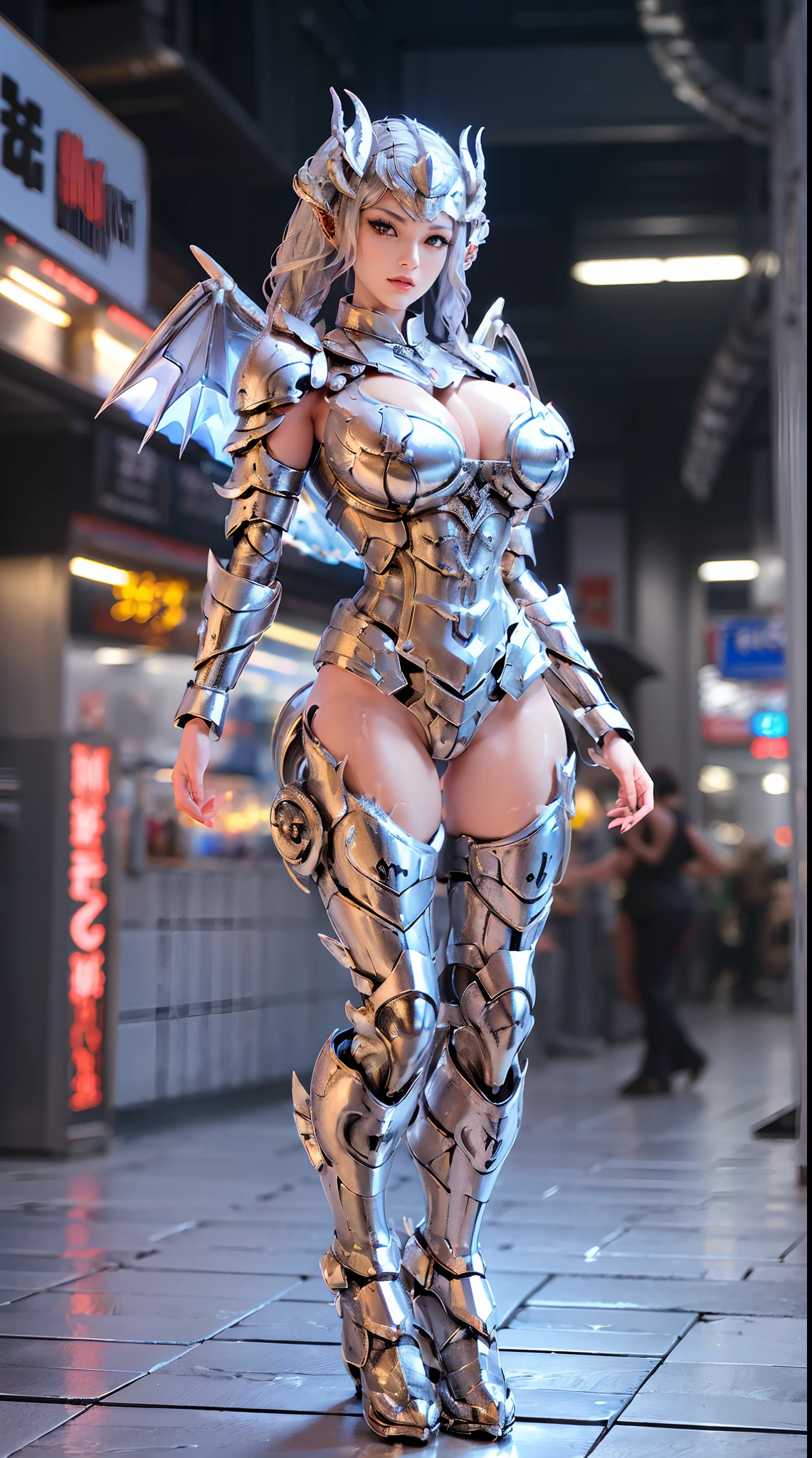 (SILVER DRAGON GODDESS:1.4), HUGE BOOBS, BATTLE ARMOR SUIT, CLEAVAGE, (A PAIR OF LARGE DRAGON WINGS:1.2), TRANSPARANT, TALL LEGS, STANDING, SEXY BODY, MUSCLE ABS.
