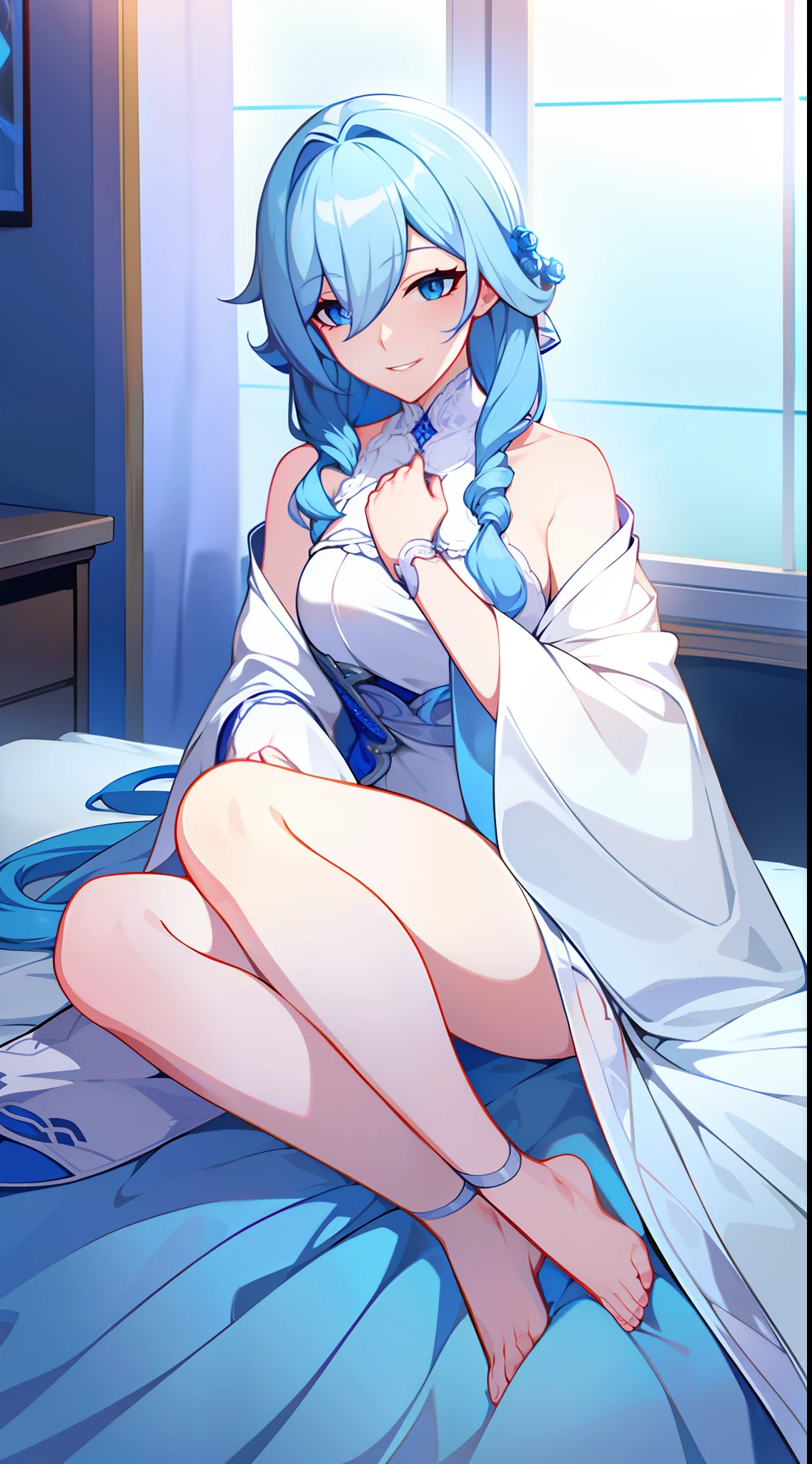 Shark girl, very sexy, big breasts, wedding dress bikini, nighttime, lying on the bed