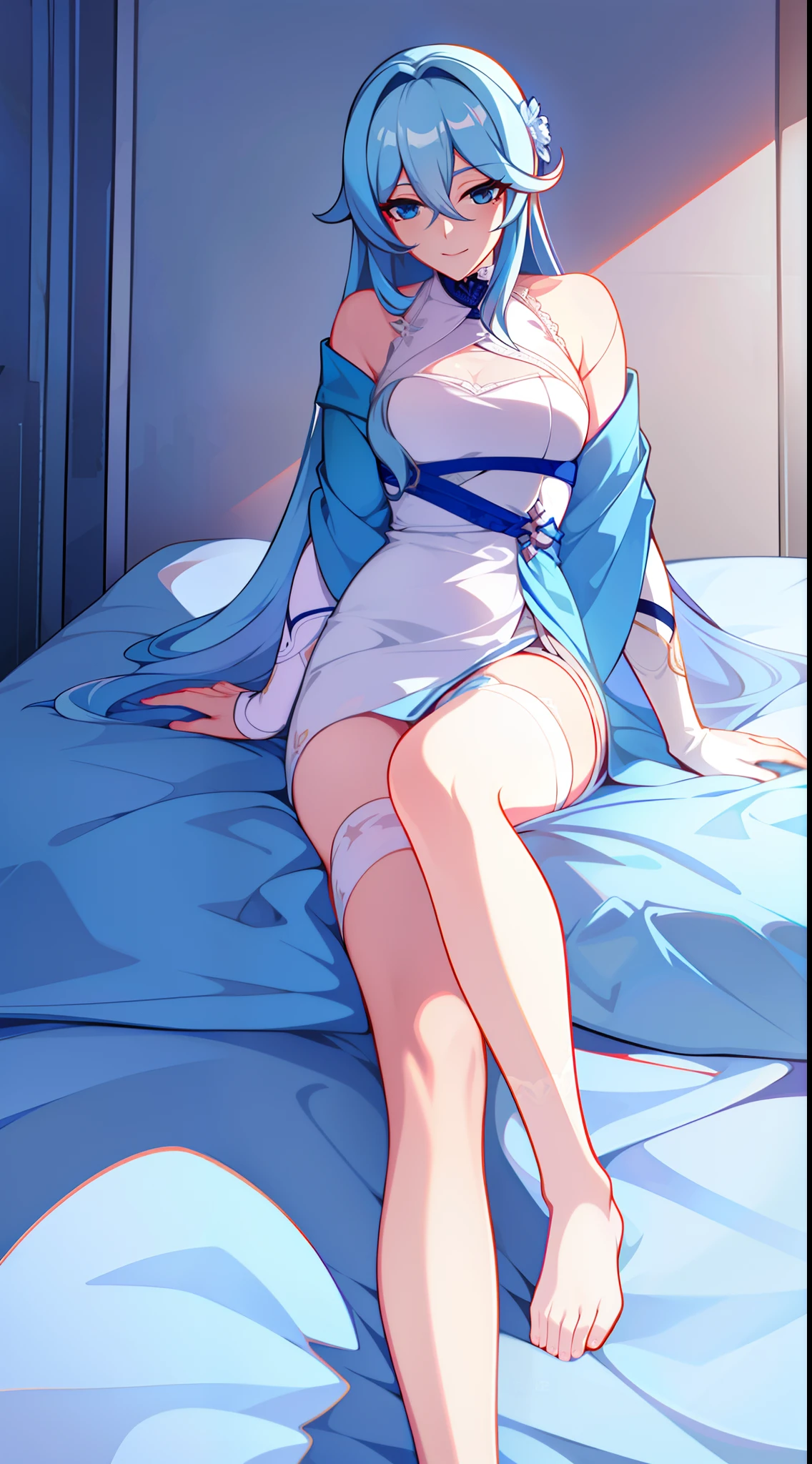 Adult woman, Long light blue hair, blue eyes, Scars, Blue tight robe, Platinum Items, liying on bed, Smile, Masterpiece, hiquality, high detail, HD, 4k