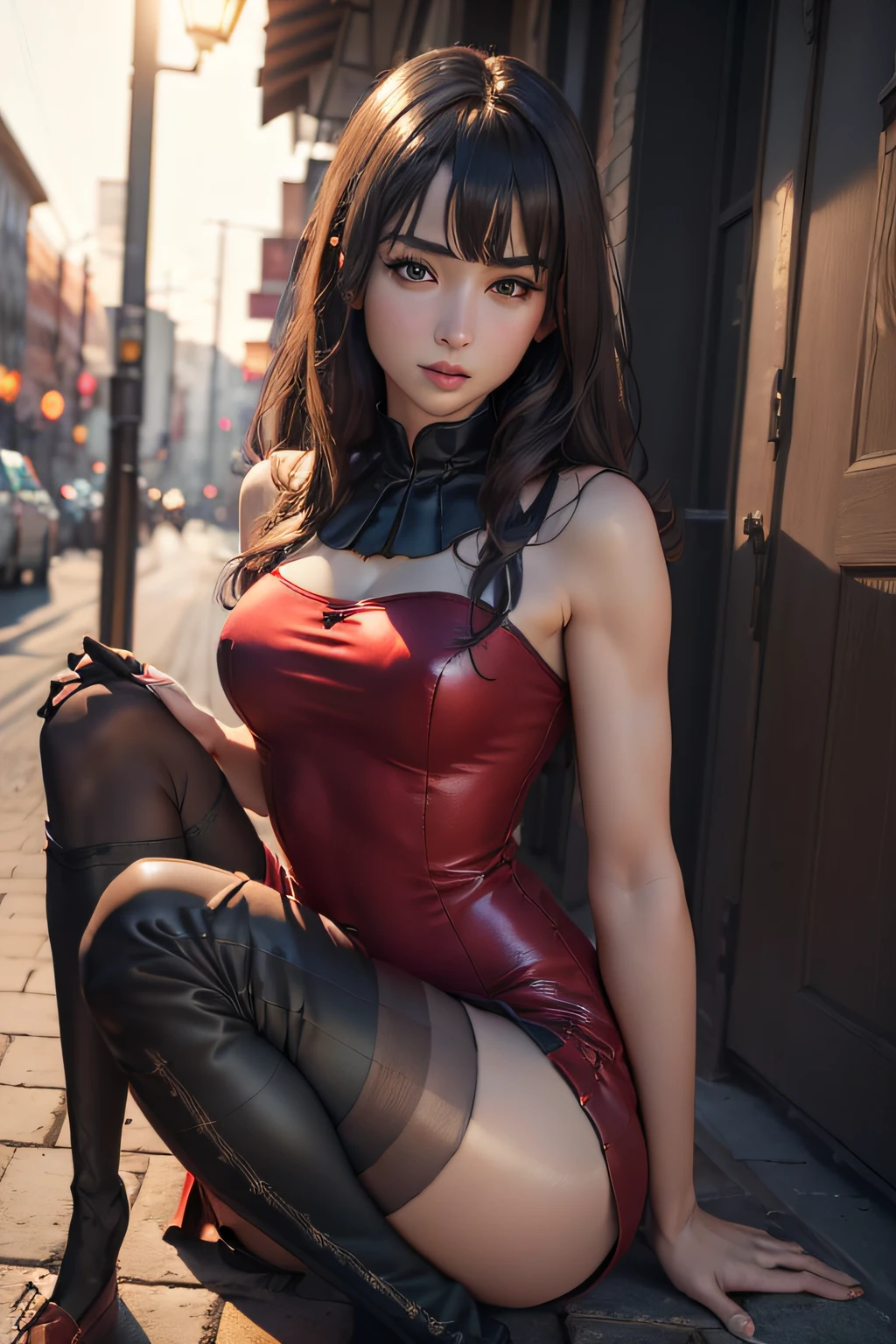 ((Realistic lighting、top-quality、8K、masterpiece:1.3))、Clear Focus:1.2、1girl in、Perfect Body Beauty:1.4、Slim abs:1.1、((dark brown hair))、(RED dress:1.4)、(outside of house、natta:1.1)、City Street、Superfine Face、Fine Eyes、二重まぶた、(Black stockings above the knee:1.5), Crowds