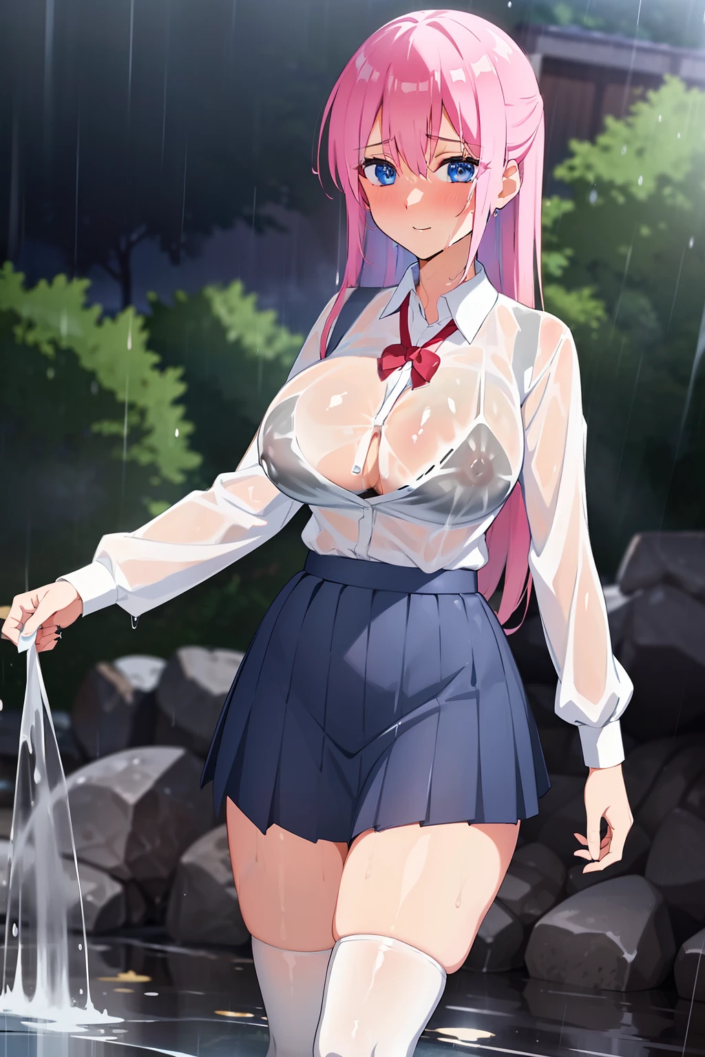 Simori,Naughty big、large full breasts、 Short skirt, Standing, Beautiful eyes, Blue eyes, Happy, School uniform, 独奏、(Detailed ultra-oily shiny skin:1.1)、oily shiny thighhigh、(rain is falling:1.4)、The shirt is wet and see-through、The body is dripping wet、The skirt is wet、Good woman dripping water、(Bra with shirt showing through:1.3)、Very heavy rain、drenching、outside of house、plein air、