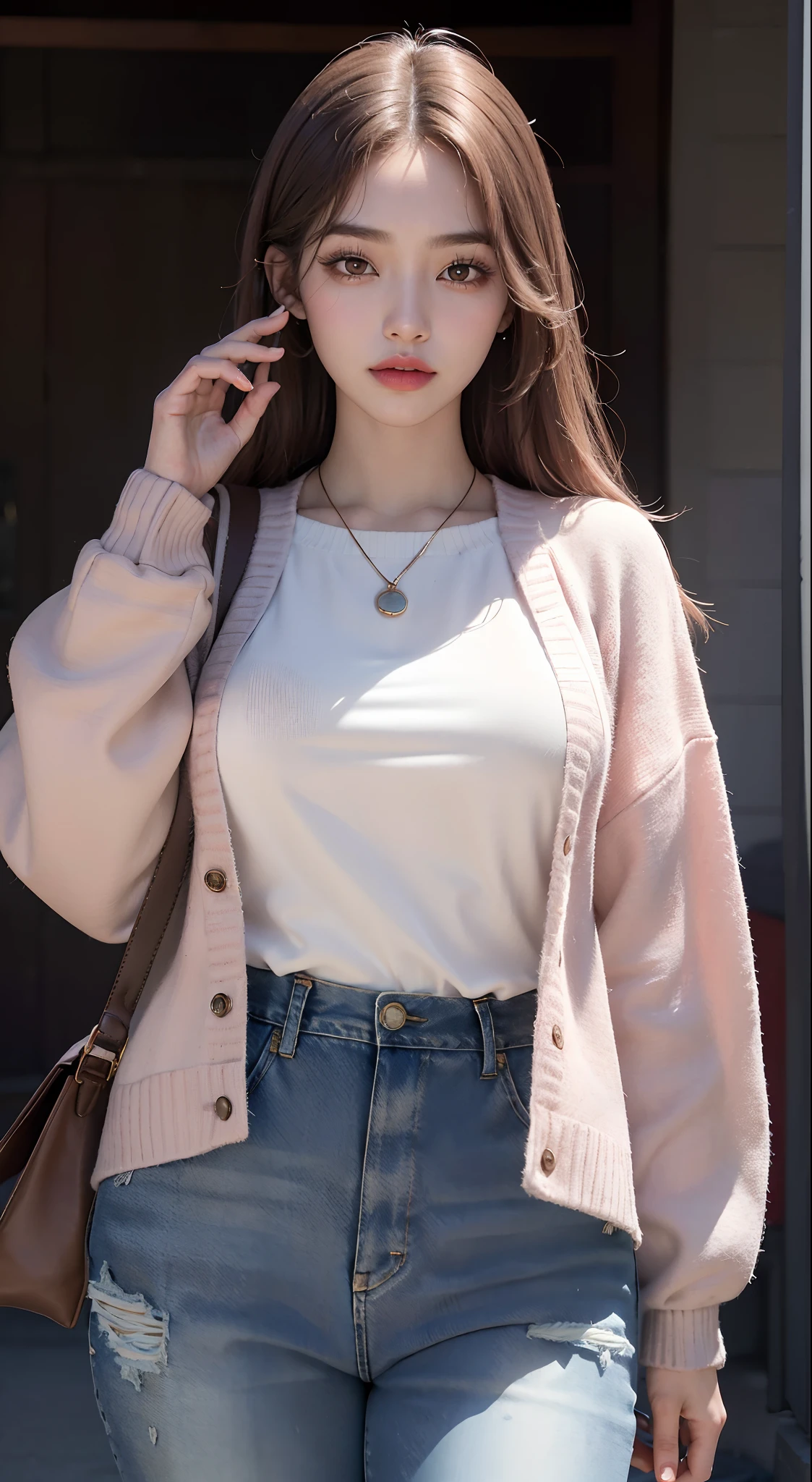 A pure girl,16 yaers old,solo person,独奏,Pure,adolable,with a good figure,Student head,Pure,adolable,Pink cardigan sweater,loose sweater,did not wear underwear,tight-fitting,smallunderboob,cleavage,Big breasts Thin waist,Miniskirt,((Sneakers 1.2))Thin leg((Full body photo 1.2)),In the wild