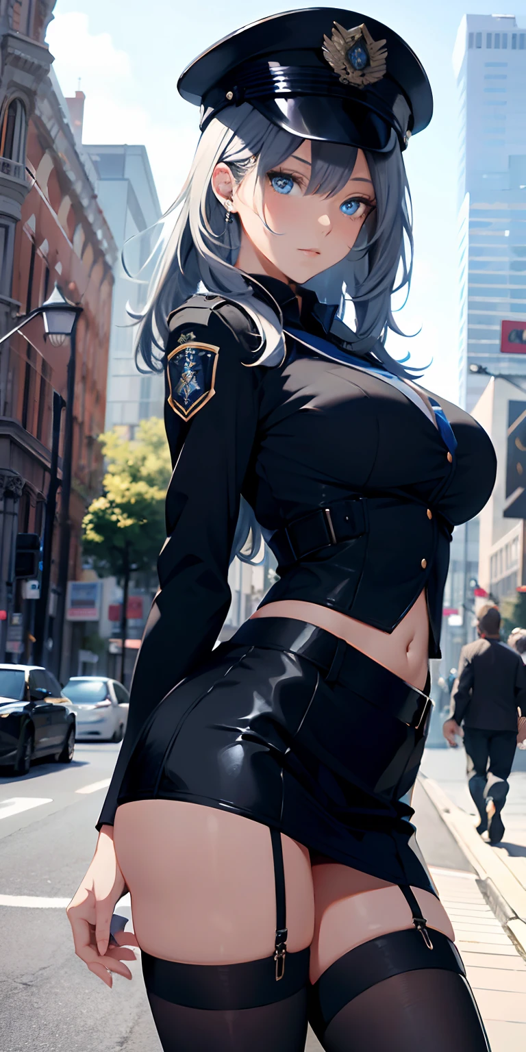 Absurd resolution, A high resolution, (tmasterpiece:1.4), ultra - detailed, 1girll,blue color eyes, cabelos preto e longos,Wear a police uniform and a short skirt, the city street,sexyposture, The camera is close to the body