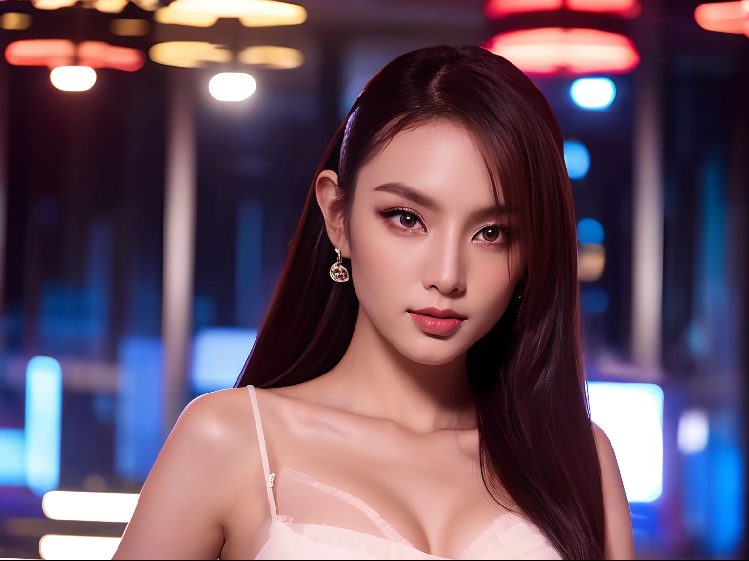 best quality, ultra hi-res, 1/2body portrait photo of a beautiful girl seductress, 20 year old, detailed face, in a night club, (face close up), straight look, award winning photo, Full HD, white lighting.