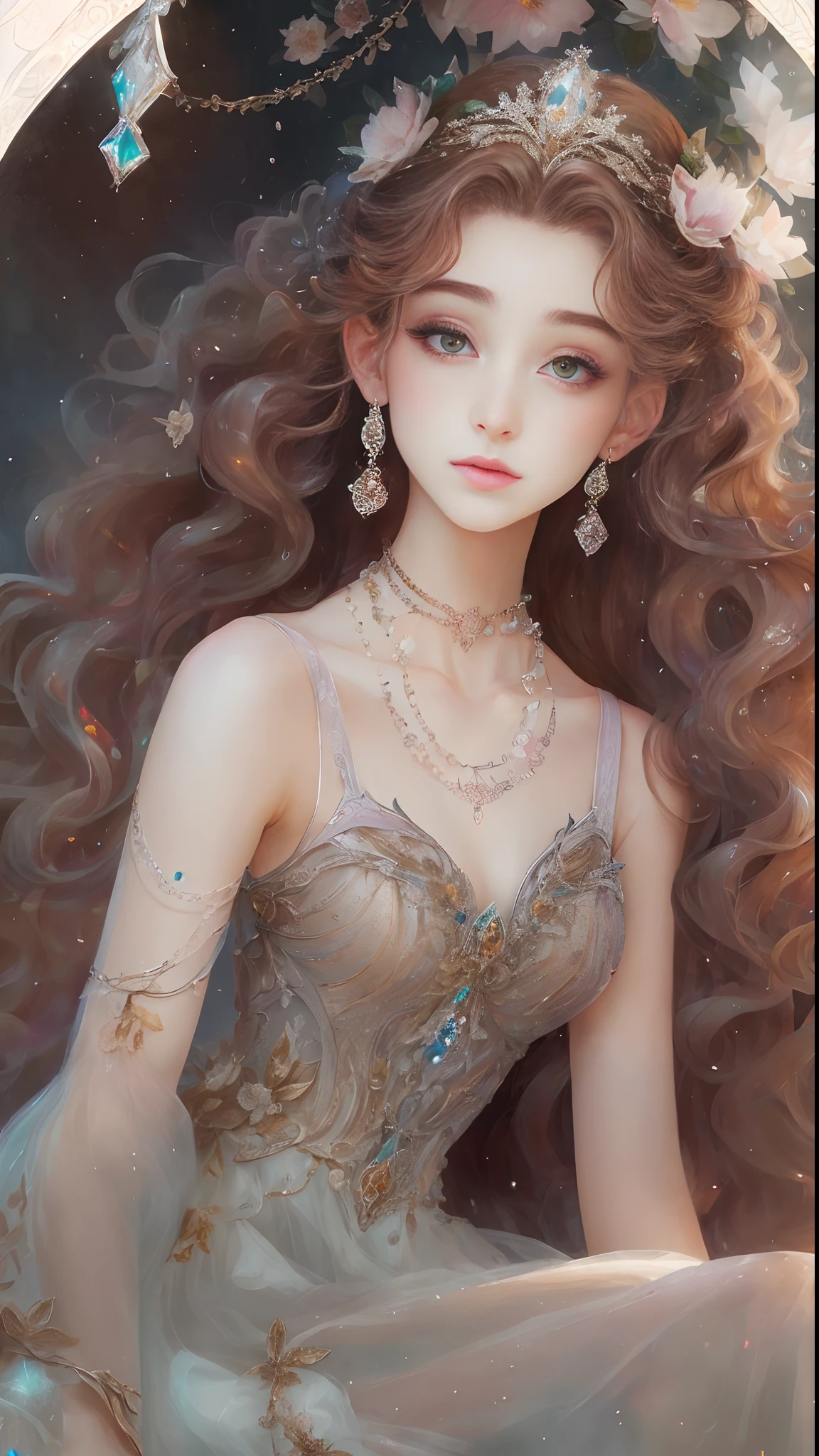 (Best quality, 4K, 8K, A high resolution, Masterpiece:1.2), Ultra-detailed, Realistic portrait of an 18 year old aristocratic girl, Exquisite facial features，Long brown curly hair details expressed, The posture is leisurely and natural，Graceful posture, Dreamy atmosphere, expressive brush strokes, mystical ambiance, Artistic interpretation,Delicately coiled hair，Floral jewelry with exquisite details, Crystal diamond jewelry，Small fresh aesthetics，Stunning intricate costumes, Fantasy illustration, Subtle colors and tones, mystical aura,The details have been upgraded