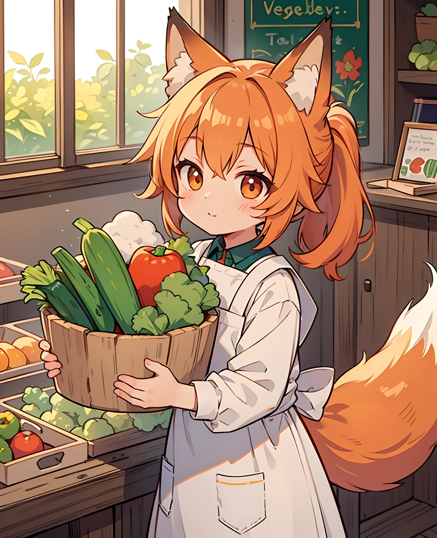 masterpiece, best quality, ((vegetables shop)), solo, apron, (working), ((foxgirl)), (foxtail), (fox ears), (((kid))), deep levels, soft lighting, detailed face and eyes, low ponytail,