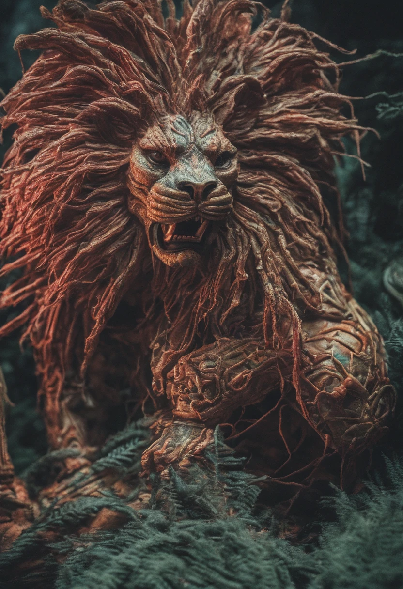 cinematic photo Embroidery of a presumption, evil lion, equiretangular 360, rei da floresta , arte por Michael Hutter . fotografia 35mm, Film, Bokeh, profissional, 4k, altamente detalhado