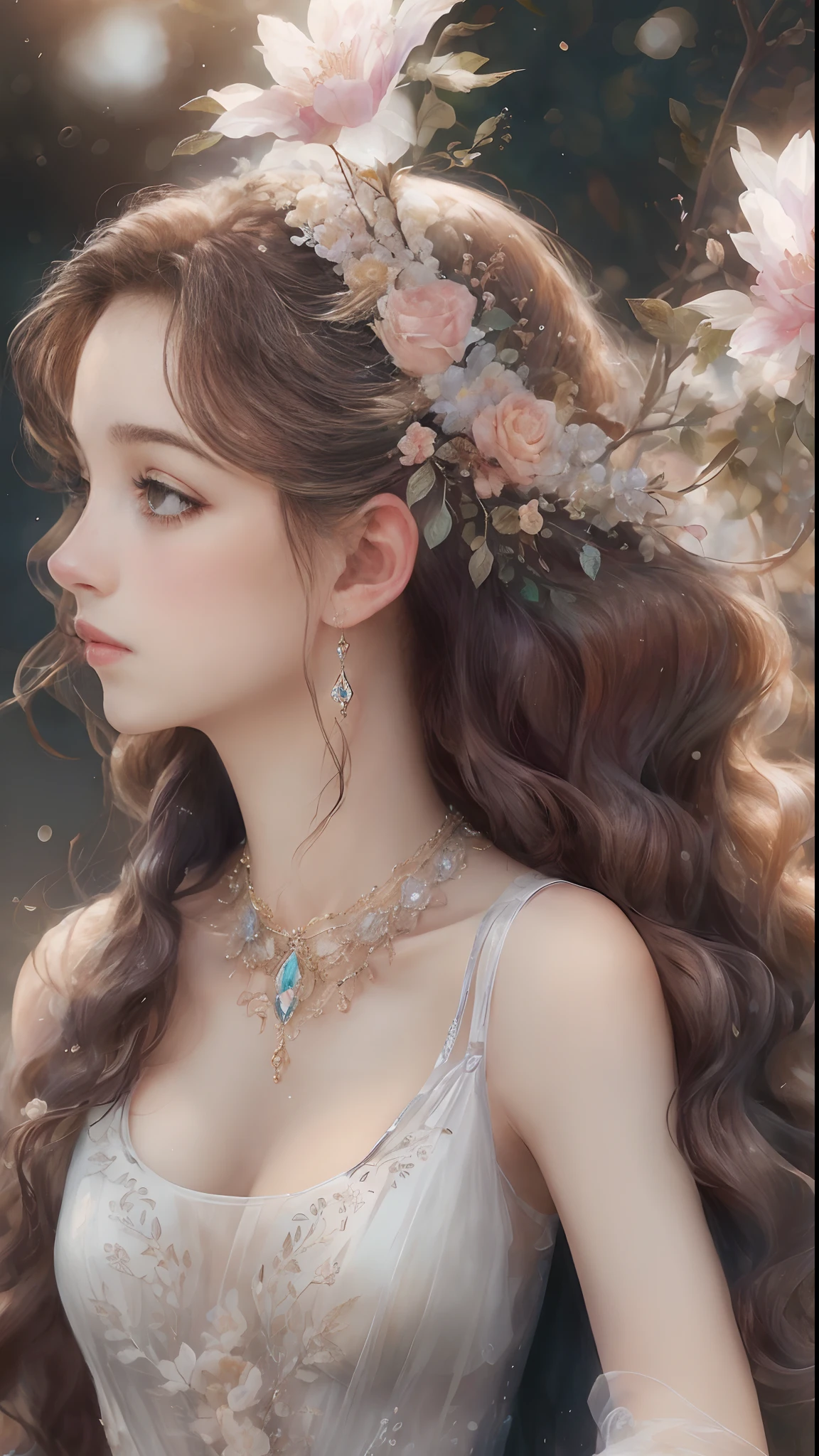 (Best quality, 4K, 8K, A high resolution, Masterpiece:1.2), Ultra-detailed, Realistic portrait of an 18 year old aristocratic girl, Exquisite facial features,Long brown curly hair details expressed, The posture is leisurely and natural,Graceful posture, Dreamy atmosphere, expressive brush strokes, mystical ambiance, Artistic interpretation,Delicately coiled hair,Floral jewelry with exquisite details, Crystal diamond jewelry,Small fresh aesthetics,Stunning intricate costumes, Fantasy illustration, Subtle colors and tones, mystical aura,The details have been upgraded