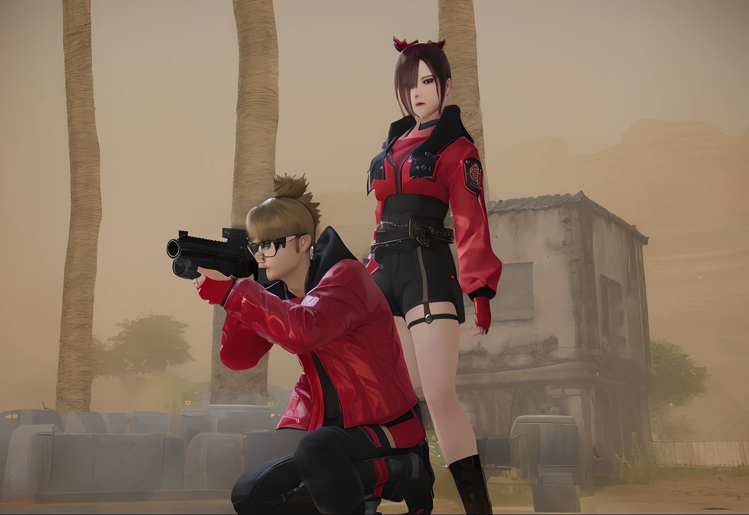 there are two people dressed in red and black posing for a picture, badass pose, tactical team in hell, <mmorpgs scene, in game, ingame image, wearing red tainted glasses, medium shot of two characters, in - game, shooting pose, in-game, posing for a fight intricate, combat scene, combat pose, as a character in tekken