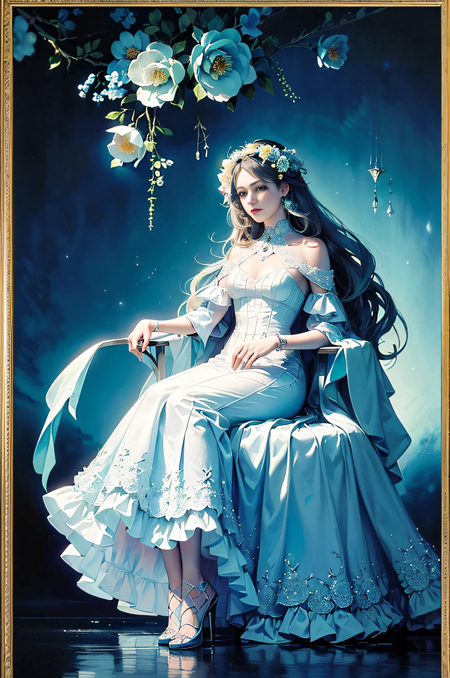 (masterpiece, highest quality, perfect details:1.4), full body, (purewhite gothic fashion 1girl:1.5, blue color long hair:1.3), (realistic hair:1.2), big flower, flower art, a flower, very intricate, black water reflection, dawn angle, light diffusion, picture frame, fractal art