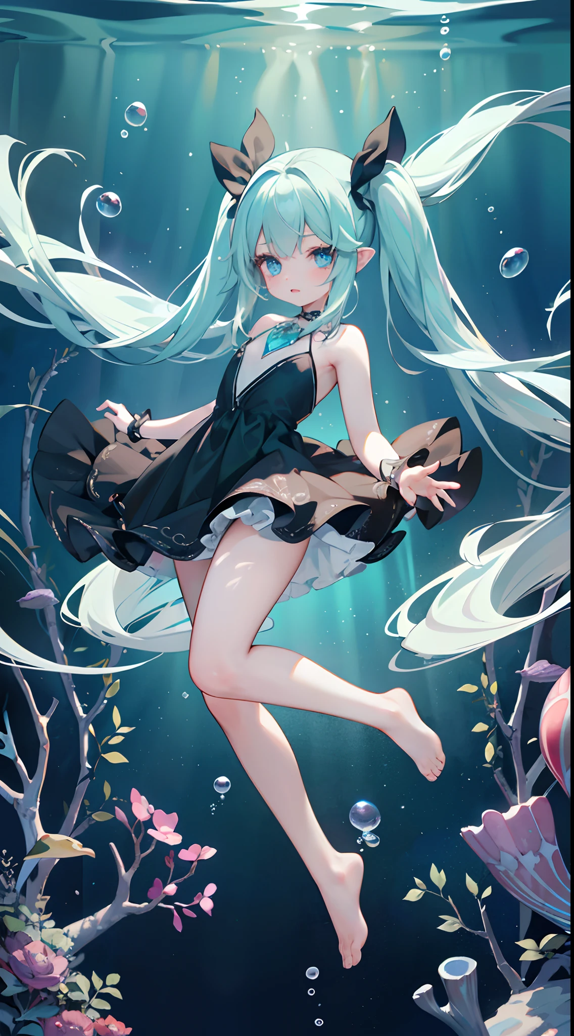 Masterpiece, best quality, high quality, 1girl, floating girl, curled up position, (((deep sea))), (((underwater))), (((full body))), flowing hair, floating hair, blue green hair, super long hair, super long twin tails, blue green eyes, glowing eyes, (aurora), long eyelashes, sad, tearful, fantasy color, color light and shadow rendering, moist lips, black short dress, sleeveless dress, barefoot, dazzling background, light pillars, rays, rich colors, dreamy, stardust, noble, elegant,((creative, extremely high-quality pictures, pure)))), ((aurora, giant crystal, magic ray, rich colors, Tyndall effect))), dazzling, dreamy, dynamic, super detail, 8k, magnificent, epic composition, intricate details, Unreal Engine, Full Body Image, bubble, fish, jellyfish, beam of light, mystical, fantastical, Undersea, [Full Body Portrait] Atmosphere, Correct Proportions, Delicate Beauty (Extreme Detail, Delicate Facial Features Portrayal, Delicate Hair Depiction, Delicate Eye Depiction), (extremely delicate CG) seabed, bubbles, Volumetric Lighting, Best Shadows, Shallow Depth of Field, Portrait Of Stunningly Beautiful Girl, Delicate Beautiful Attractive Face With Alluring Eyes, fine detailed eyes, highly detailed fine art, (finely detailed beautiful eyes and detailed face), delicate depiction of facial features, (Highest Quality, Amazing Details:1.25), (Solo:1.3), Brilliant Colorful Paintings, (Aesthetic), (Beautiful), (professional angle), (Feminine), (Woman), (Female), (Beautiful), (Feminine features), (16-years old), Solo, 1 woman, Dramatic light, Beautiful hands, Two hands, normal hands, Two arms, complete hands, Beautiful body, Beautiful fingers, normal fingers, Five Fingers, (Thumb index finger ring finger), Beautiful ears, normal ears, Beautiful eyes, shiny eyes, Beautiful mouth, Beautiful lips