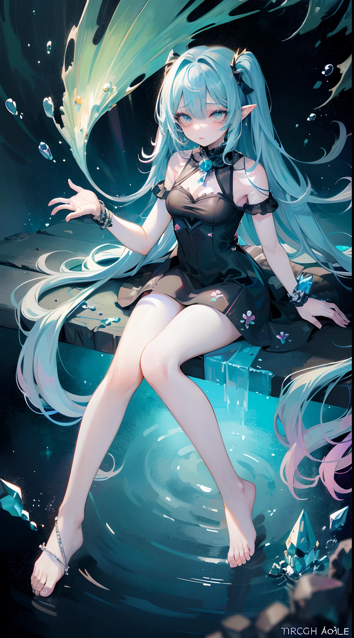 Masterpiece, Best quality, beautiful 1 girl, sitting on her knees inside a glass transparent sphere, girl in a sphere, visible in full growth, long unusual shining hair, big beautiful eyes, skin shines with light, background around water, glowing fluorescent flowers, air bubbles, fireflies