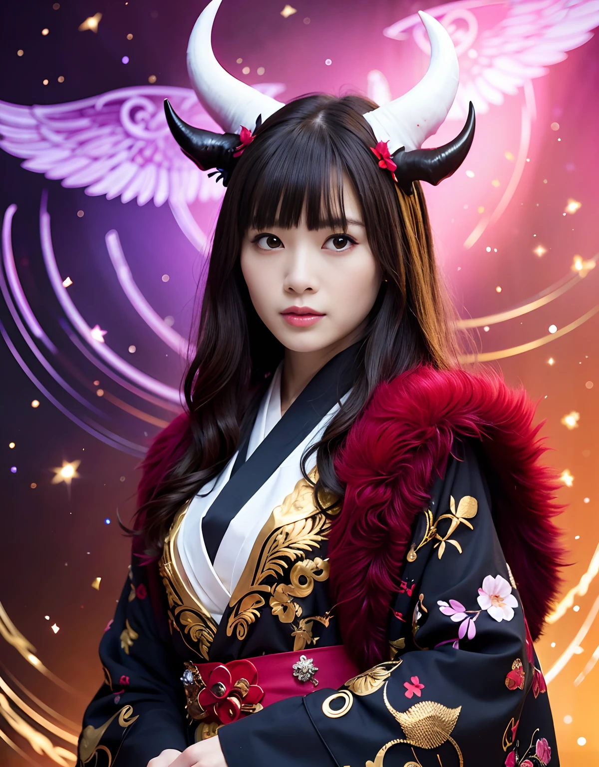 ((White ghost flies)),Professional , ​masterpiece、top-quality、photos realistic , depth of fields 、（Various poses）、(Background of cherry blossoms in full bloom),（Ultimate Beauty）、（A dark-haired）、（Fight ninjas)、（Kimono with scary pattern）、（Night background）、（（Devil's Wings Grow））,(Wear a kimono with a horror pattern),（Wearing a beautiful kimono with colorful scary patterns）、Jewel Gold Weapon、Particles of light),（Has a devil's mask）、Gorgeous gold weapons ,Skeleton population、（（ Gorgeous Dragon Sword）） , （a dark night）,,（White ghost flies） 、（（Black Haired Beautiful Girl））、（Castle background）、（demonic wings）、（（Gangle's forest background））、Beautiful Caucasian beauty、１a person、dynamic ungle,(((Two devil's horns on the head)))、Smaller head、Idle Smile、Thin and beautiful female hands、Mystical expression、Light Effects、intense fighting、Wind-effect、magic circles、With the legendary magic wand、Dragon's tail、