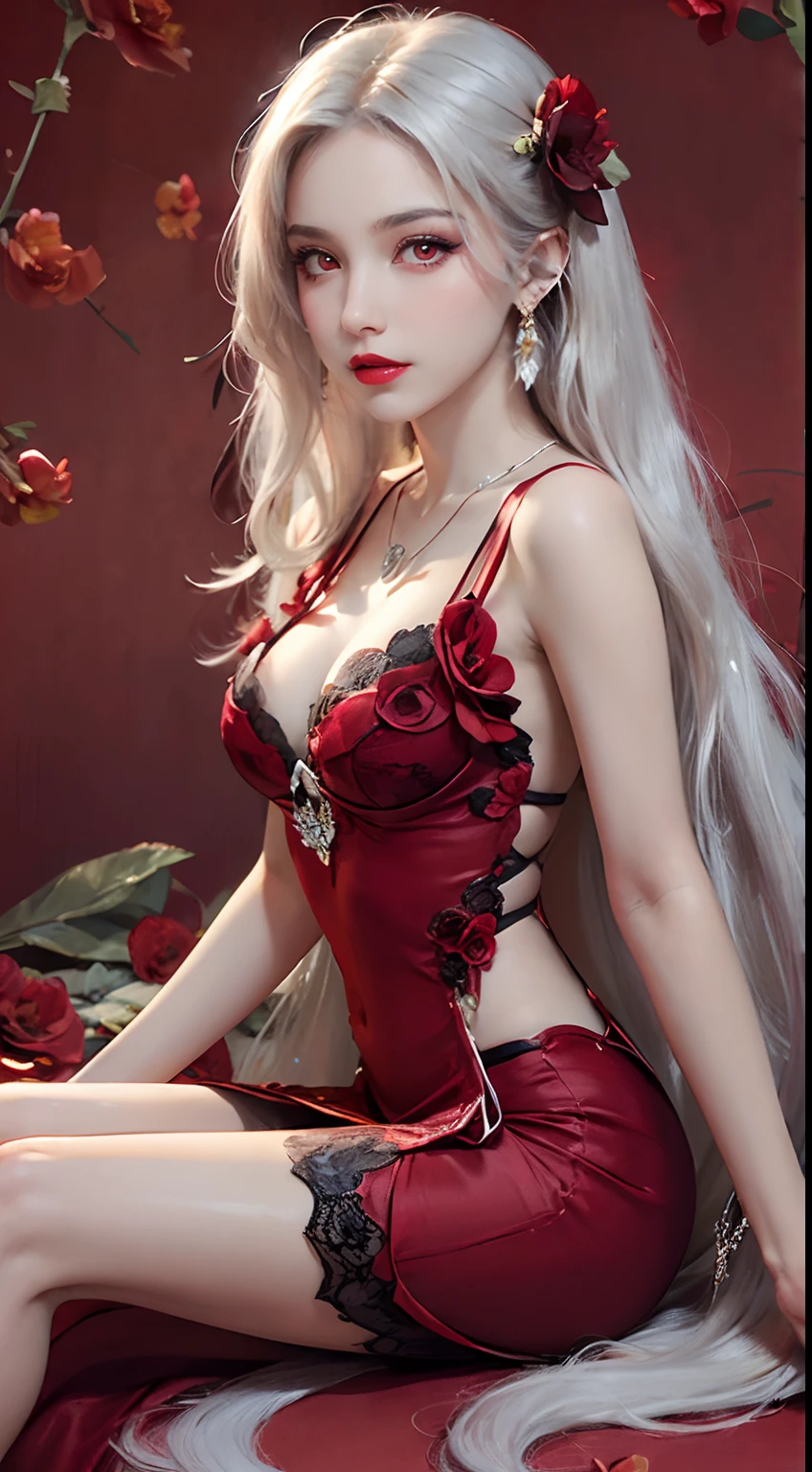 1 beautiful and sexy 20 year old girl, ((wearing a super thin red dress:1.8)), dress with diamonds, ((long platinum hair:1.6)), bangs, elaborate jewelry made from gemstones and beautiful hair, ( ( wearing a black lace necklace:1.4))), noble, noble style of an extremely beautiful girl, super cute little face, very pretty face , sparse eyebrows, beautiful, flawless face, ((black eye pupils: 0.8))), very pleasing to the eyes, ((light red eyes: 1.5)), beautiful makeup and hair, fur detailed eyelashes, wet eye makeup, high nose, earrings, red lips, ((closed mouth: 1;5 )) beautiful lips, slim hands, most beautiful thighs, ((arms spread to the sides: 1.5) ), rosy face, clean face, flawless beautiful face, smooth white skin, (big breasts: 1.5)), ((high breasts: 1.6) ), firm breasts, beautiful cleavage, (((big and super round : 1.8 ))), ((super tight breasts: 1.7)), beautiful breasts, ((chest puffed out: 0.8)), ((hands on the floor: 1.5)), ((sitting close: 1.5)), socks thin black mesh with black lace, 8k photo, super high quality, super realistic, super 10x pixels, optical research, light studio, edge light, two-tone light, (highly detailed skin: 1.2), ultra 8k, soft light, high quality, volumetric light, optical geometry, high resolution optics, lighting, best shot, 4k quality, 8k, blur effect, grab smooth strokes, 10 x pixels, ((red flower background:1.7)), aurora, lightning, Surreal graphics, most realistic mapping, alone, solo, extremely sharp images, surreal, upper body of girl, (((frontal portrait:1.4)))."